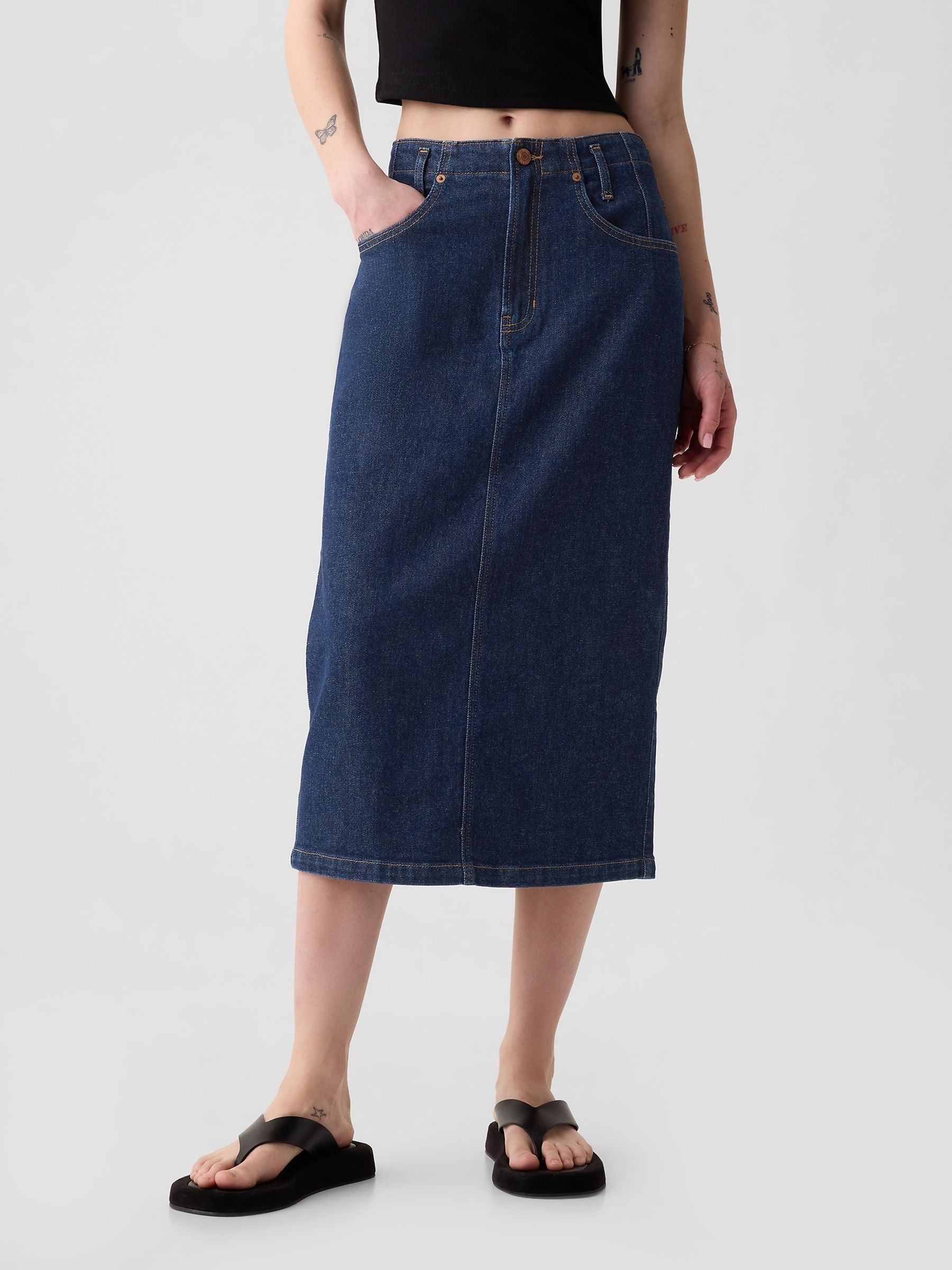 Blue Button Back Denim Midi Pencil Skirt - Image 2 of 5
