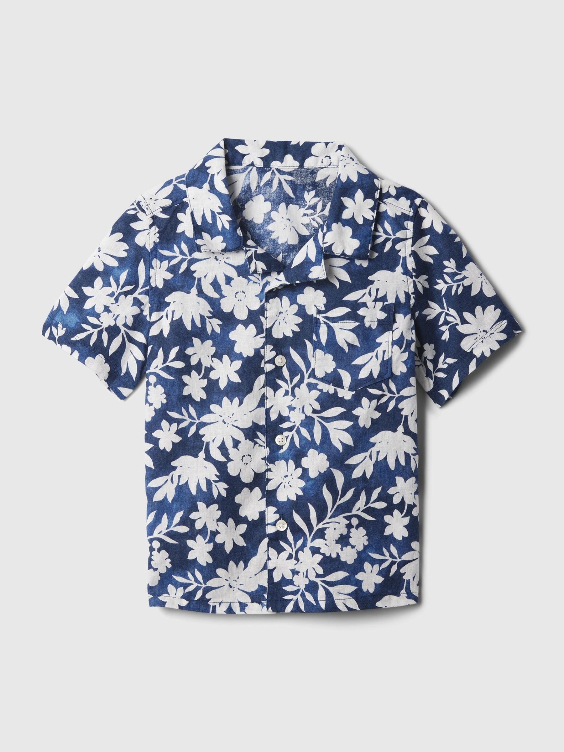 Blue Floral Linen Blend Holiday Short Sleeve Baby Shirt (Newborn-5yrs) - Image 1 of 3