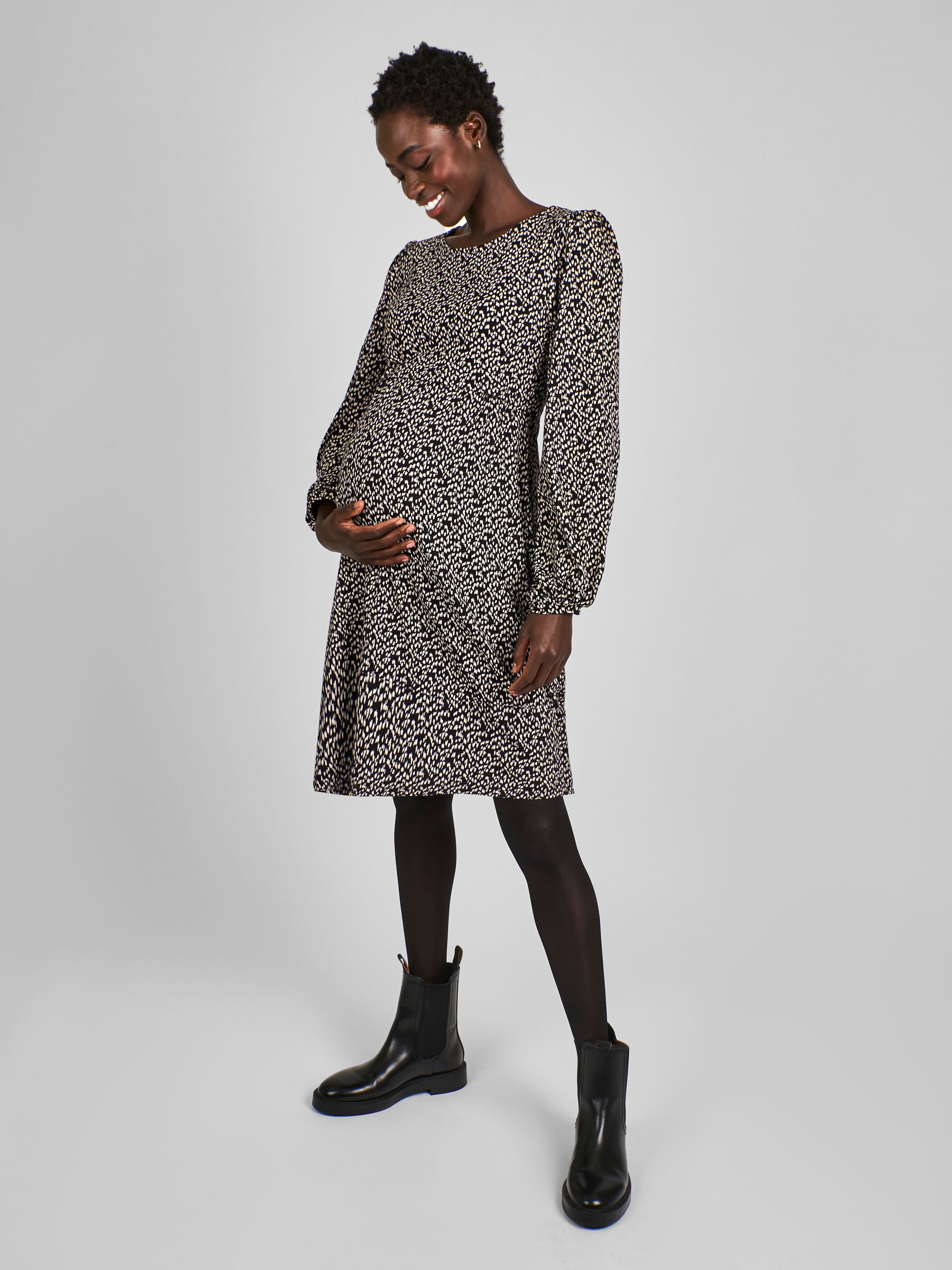 Black Animal Round Neck Double Layer Maternity & Nursing Dress - Image 1 of 4