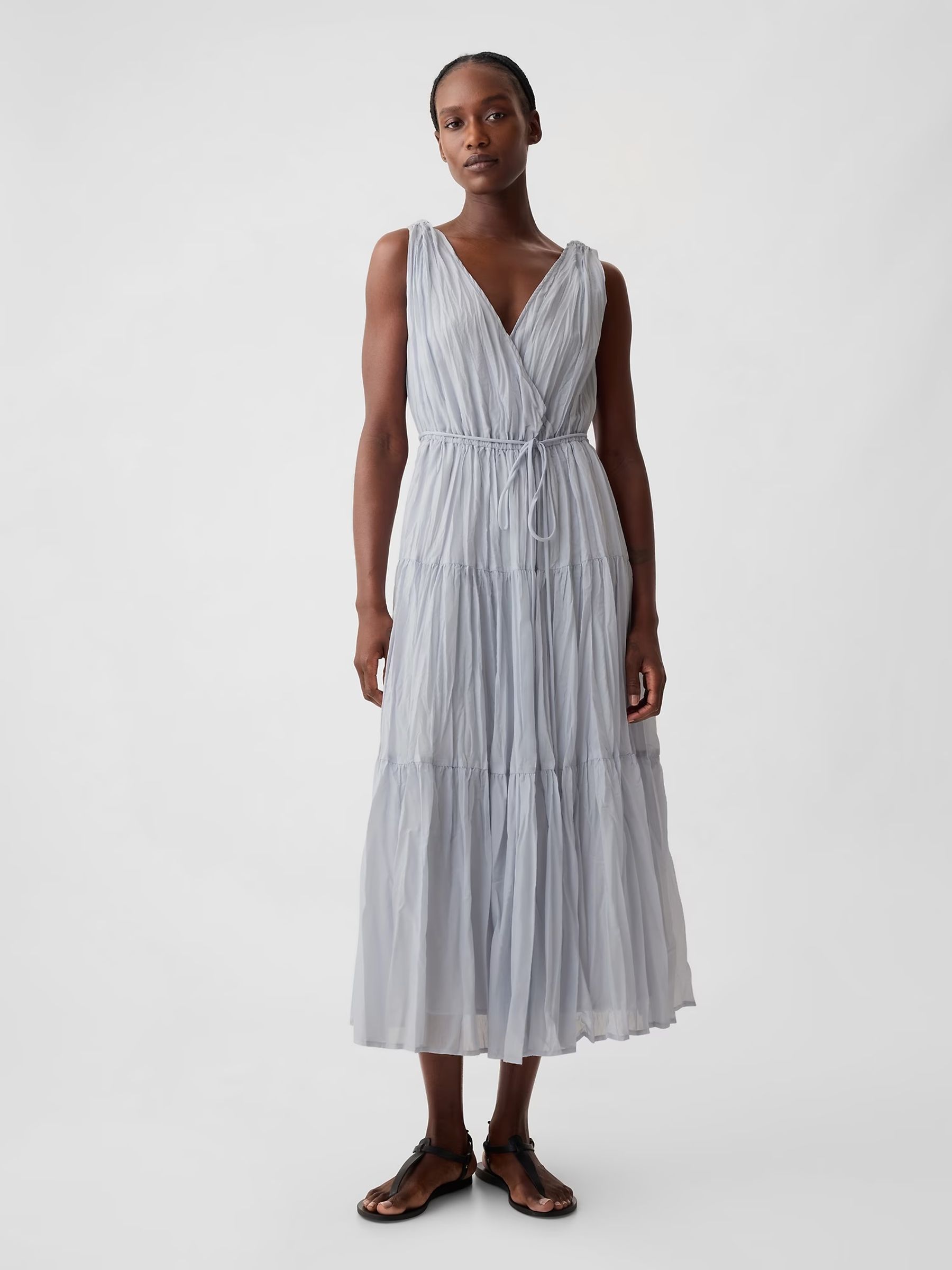 Grey Pleated Tiered V Neck Midi Dress - Image 2 of 6