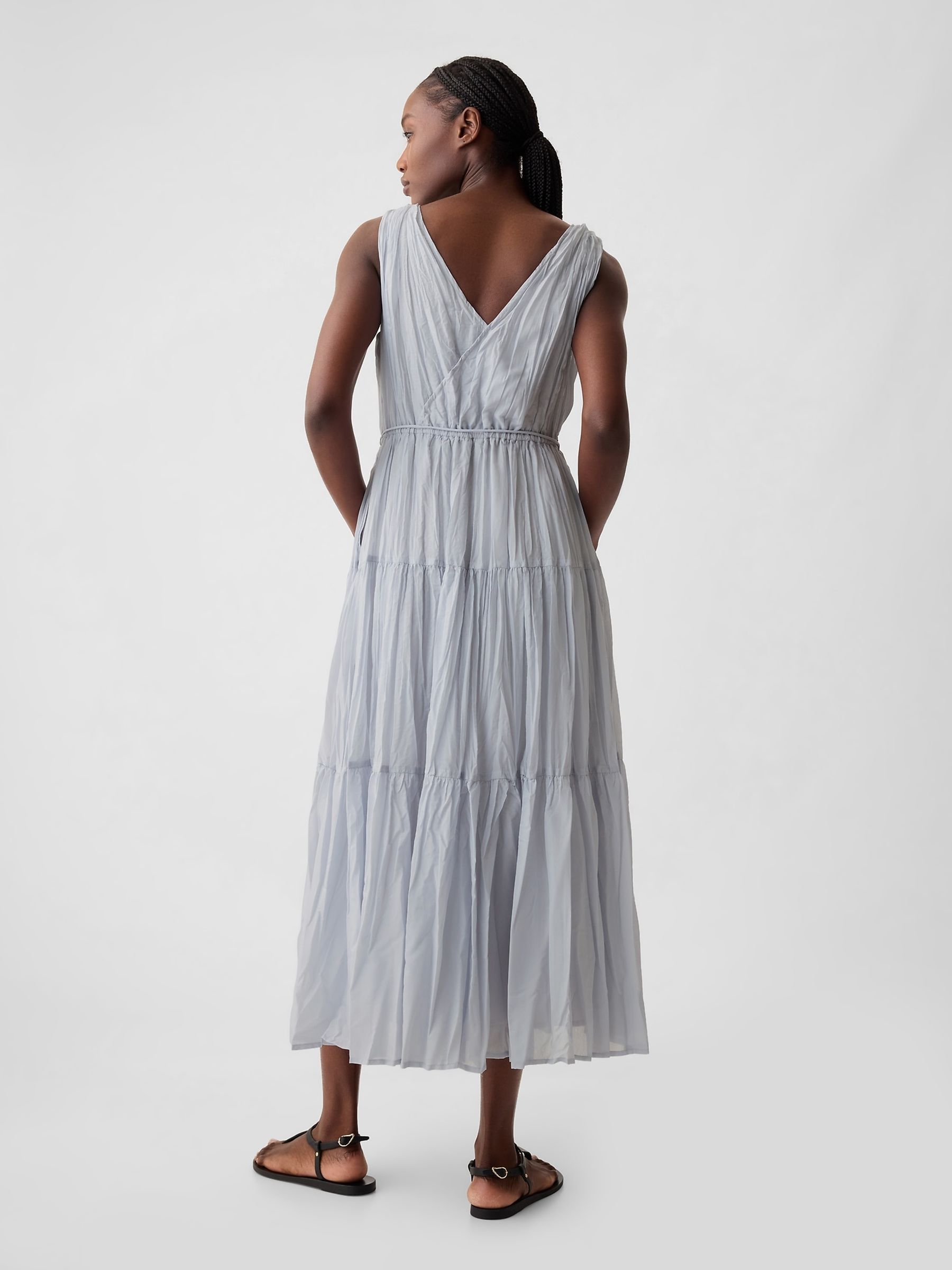 Grey Pleated Tiered V Neck Midi Dress - Image 3 of 6
