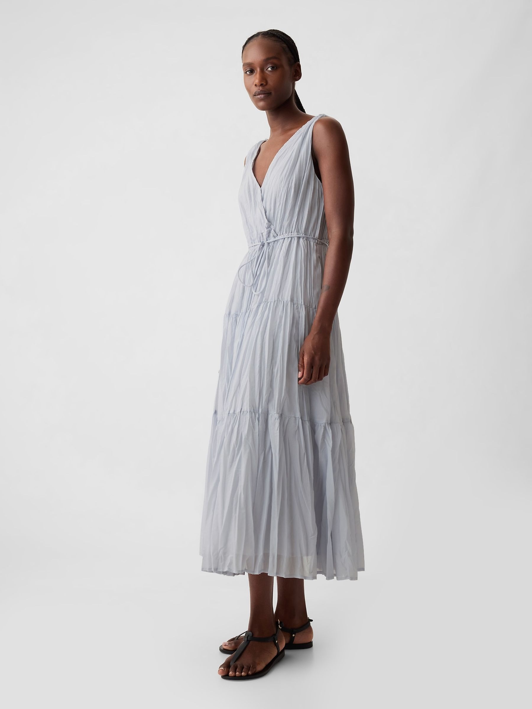 Grey Pleated Tiered V Neck Midi Dress - Image 4 of 6