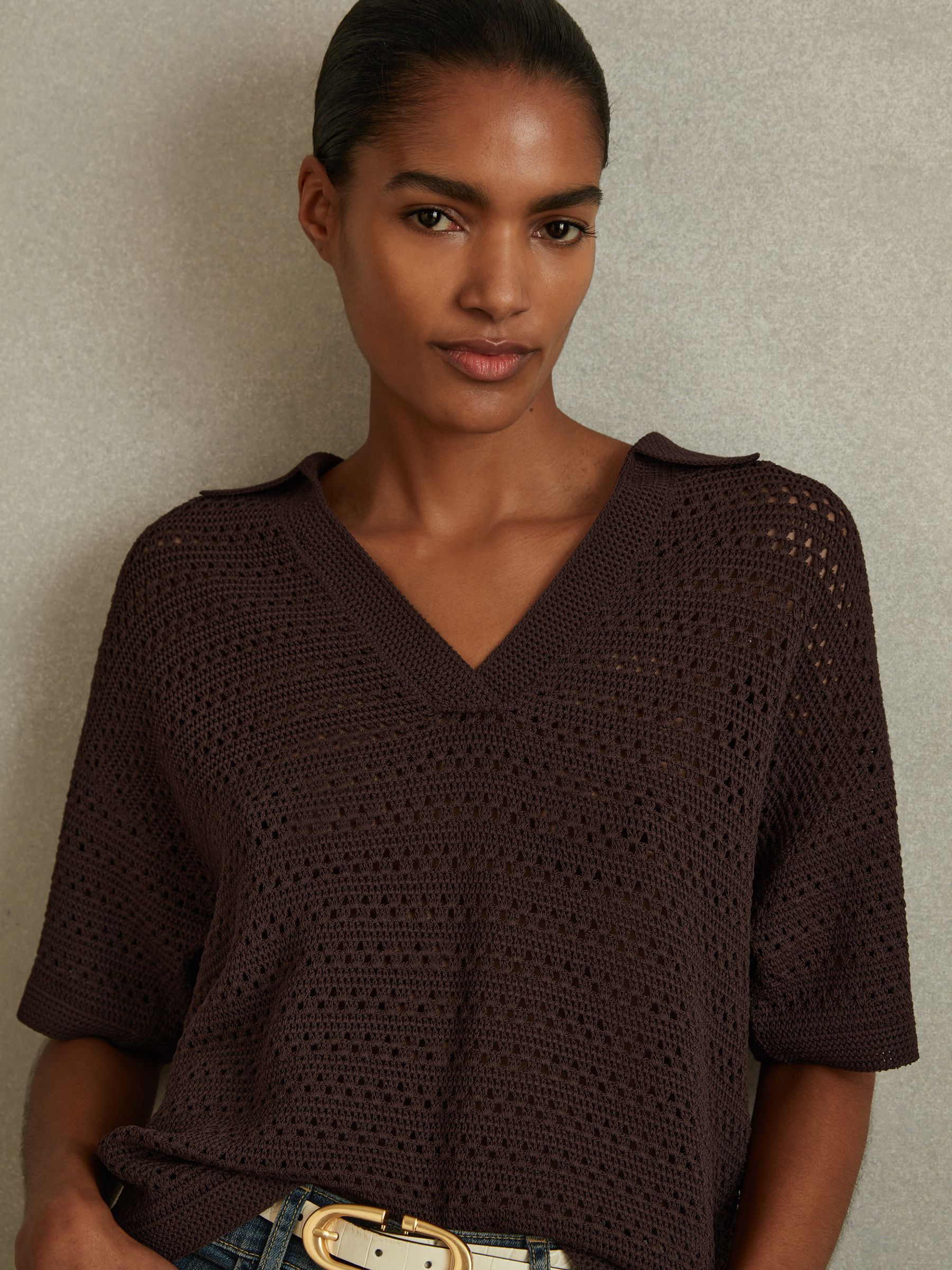 Knitted Open-Collar Polo Shirt in Chocolate - Image 1 of 5
