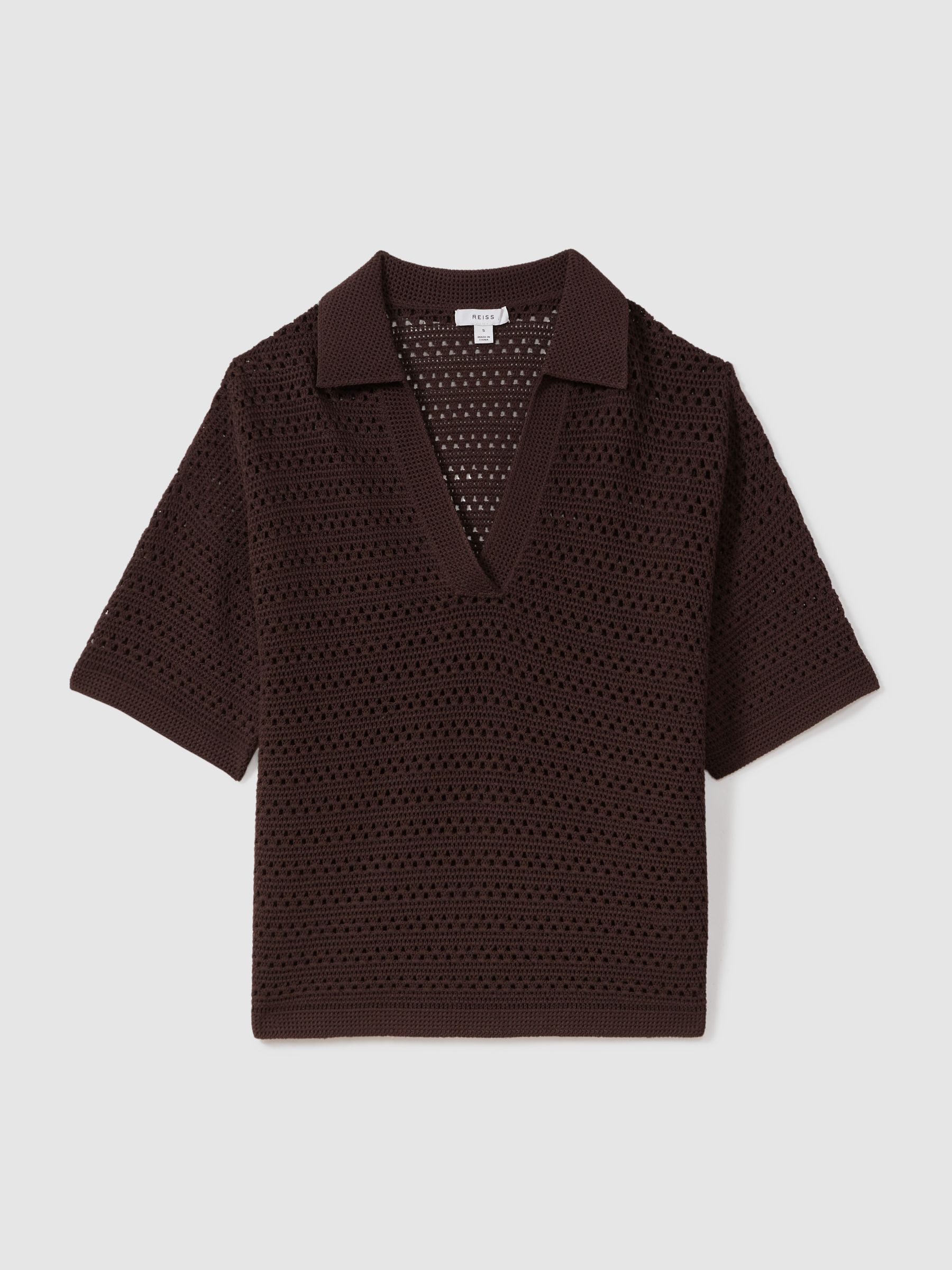 Knitted Open-Collar Polo Shirt in Chocolate - Image 2 of 5
