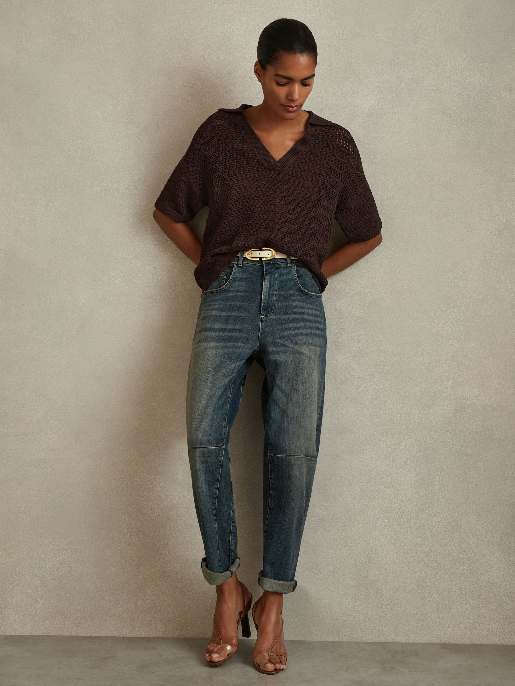 Knitted Open-Collar Polo Shirt in Chocolate - Image 3 of 5
