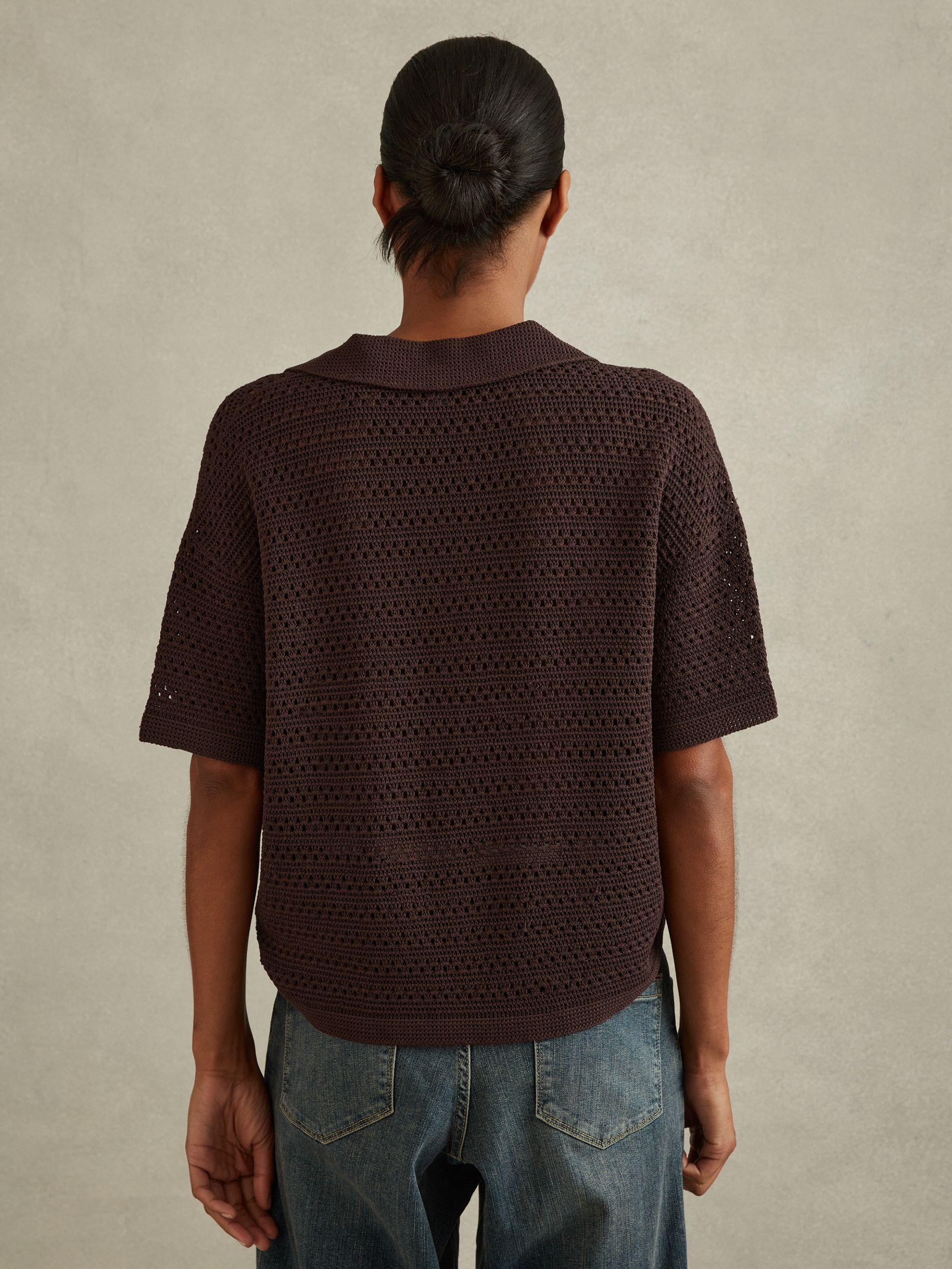 Knitted Open-Collar Polo Shirt in Chocolate - Image 4 of 5