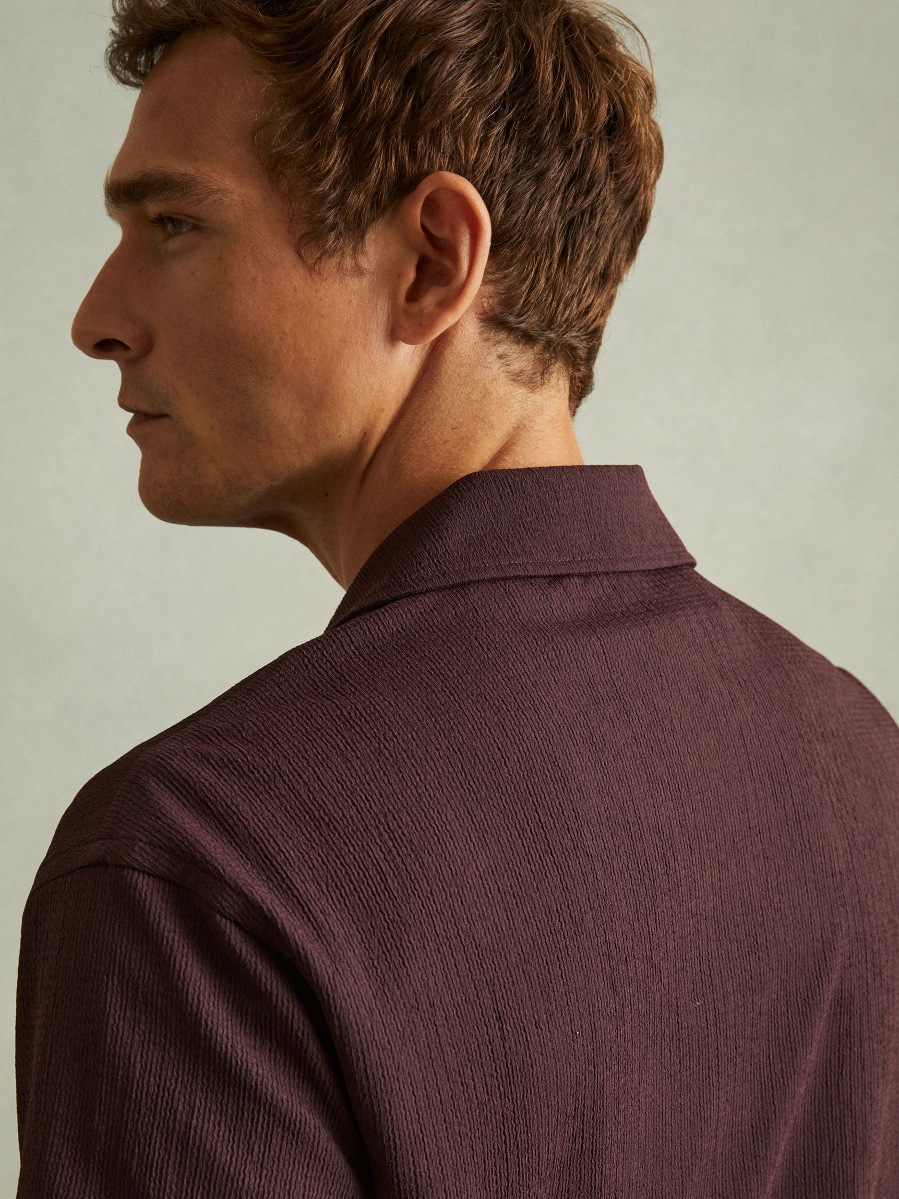 Textured Crepe Cuban Collar Shirt in Bordeaux - Image 3 of 5