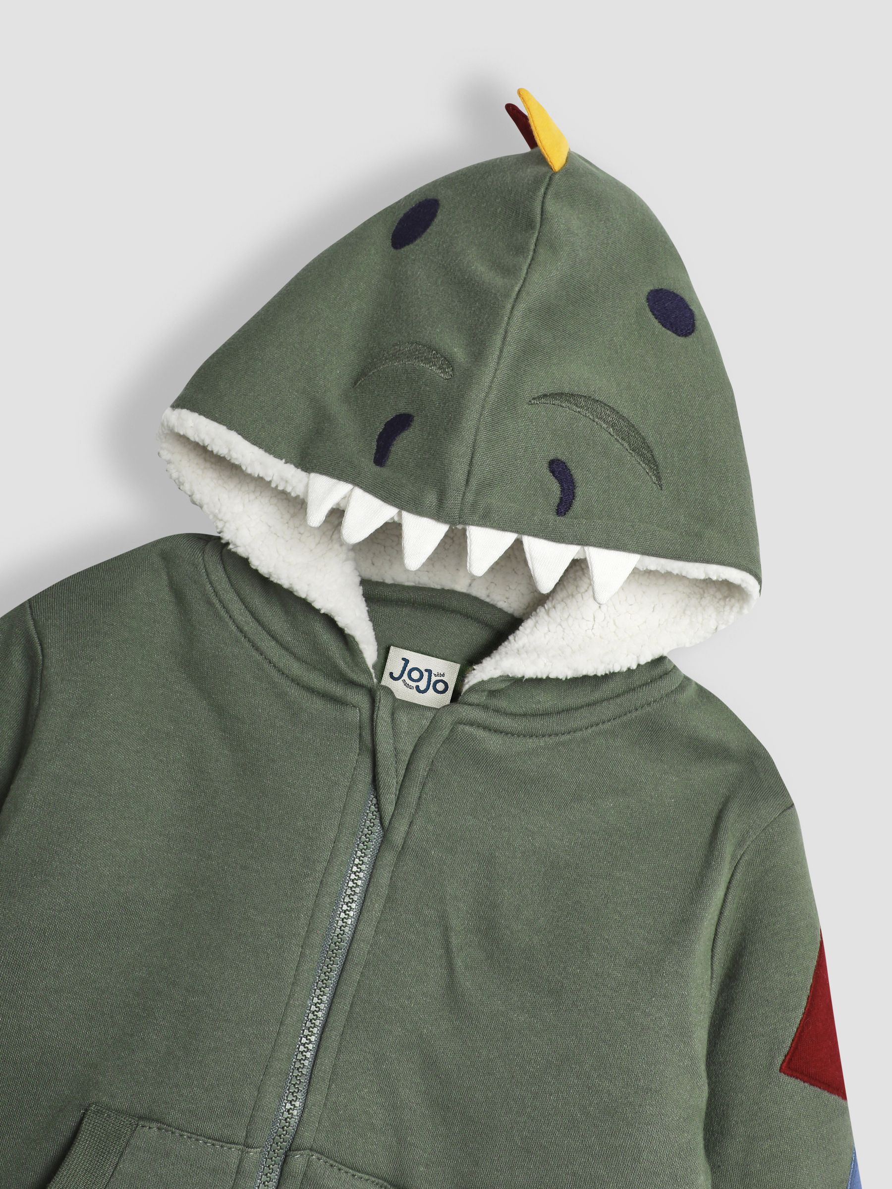 Khaki Green DInosaur Appliqué Novelty Cosy Hoodie | JoJo Maman