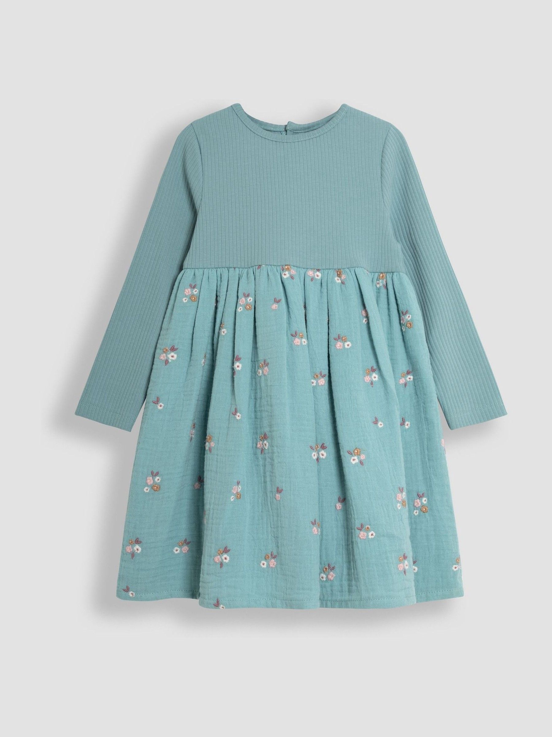 Duck Egg Blue Floral Embroidered Rib Cheesecloth Dress - Image 1 of 2