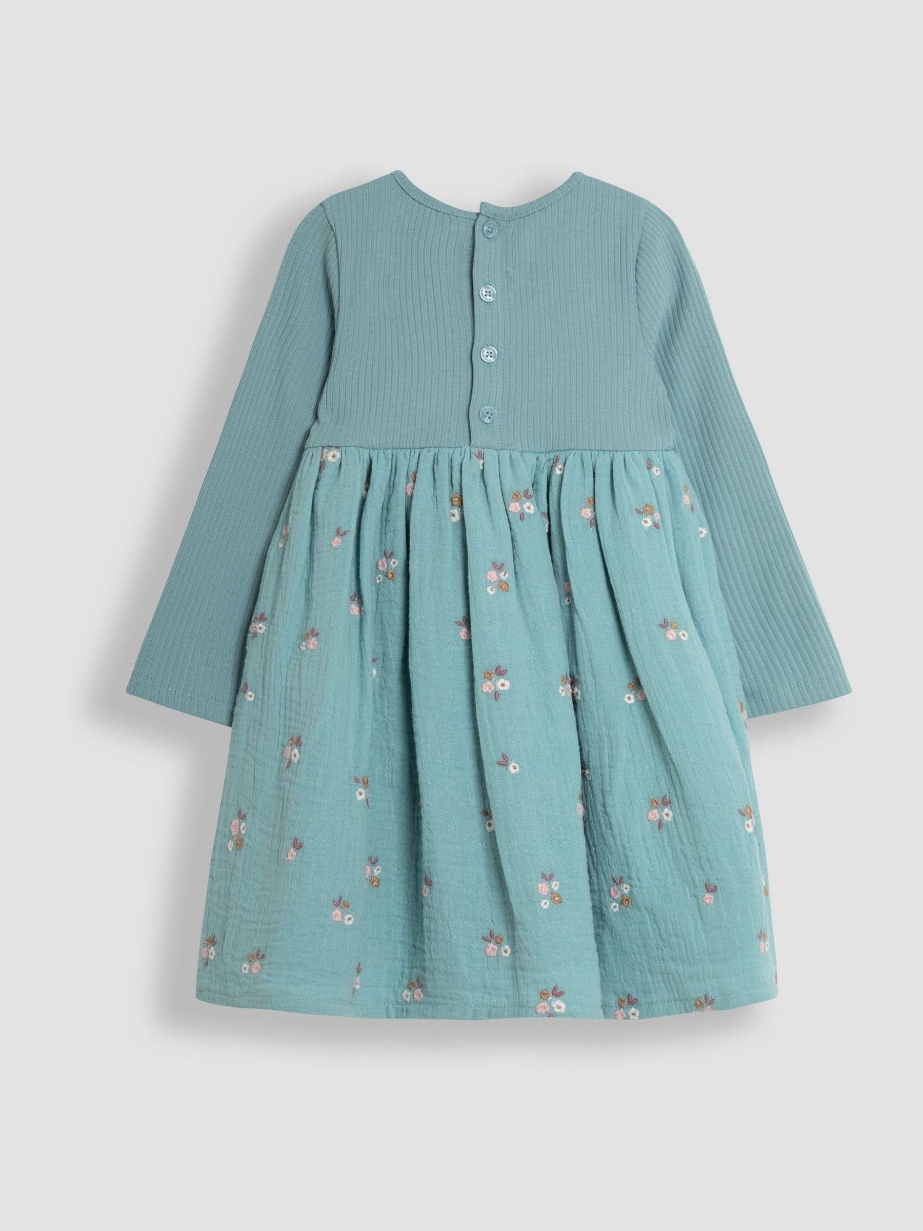Duck Egg Blue Floral Embroidered Rib Cheesecloth Dress - Image 2 of 2