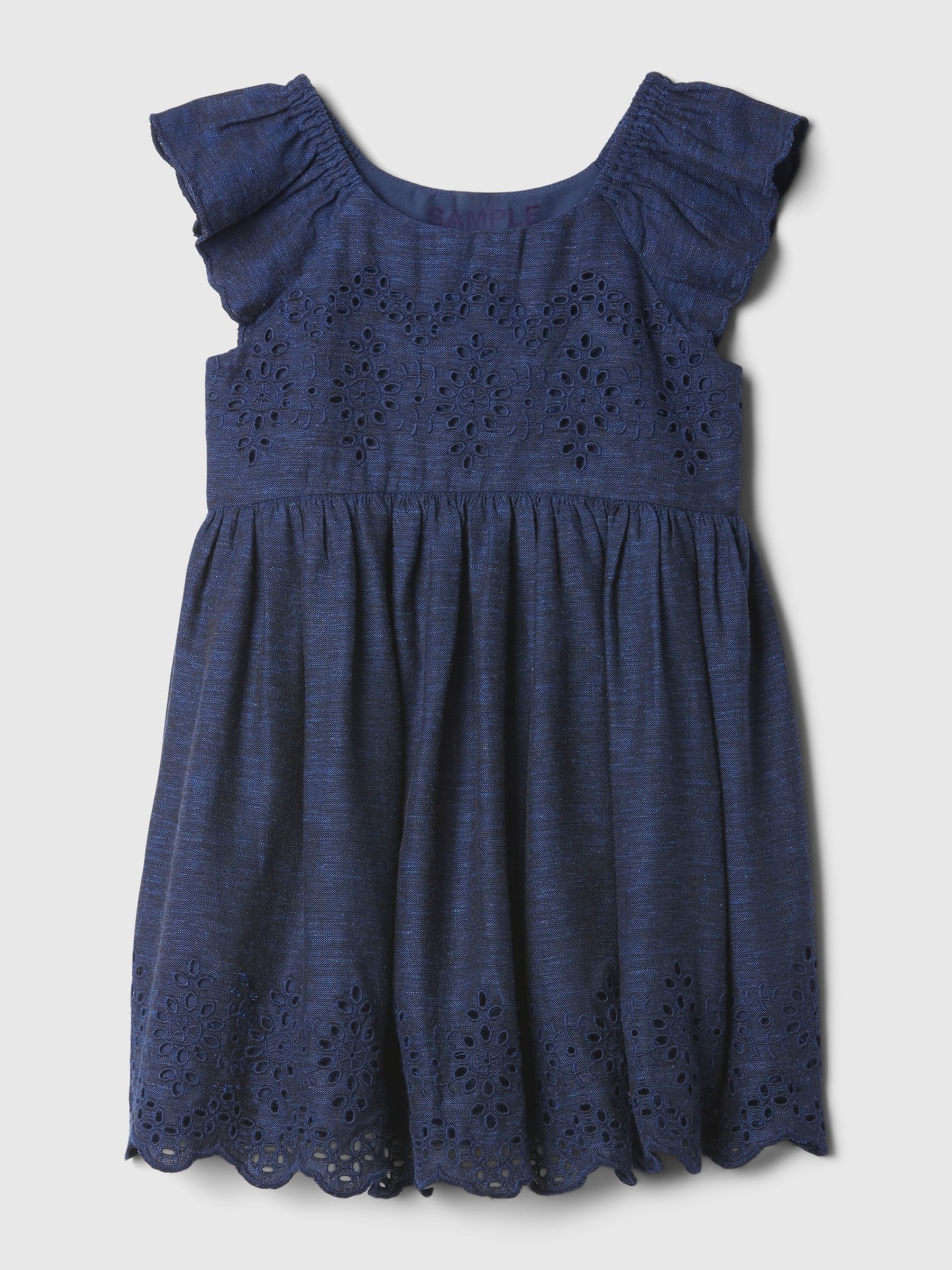 Navy Blue Cotton Eyelet Flutter Sleeve Baby Dress (Newborn-5yrs) - Image 1 of 3