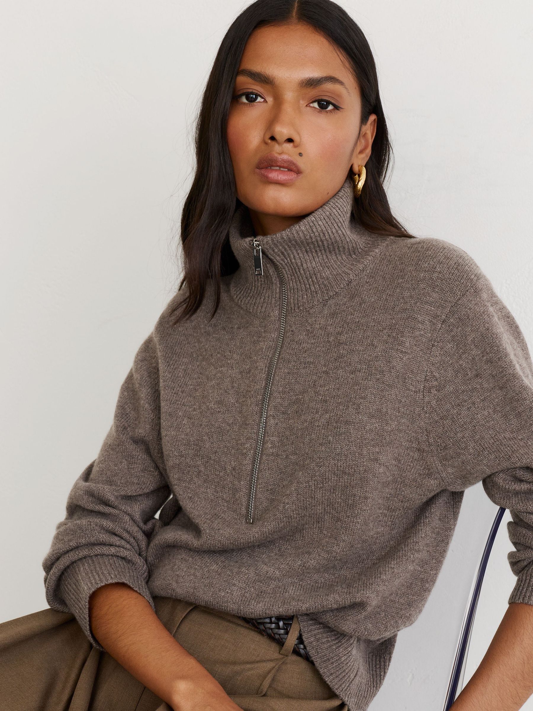Petite Wool-Cashmere Half-Zip Jumper in Dark Neutral - Image 1 of 8