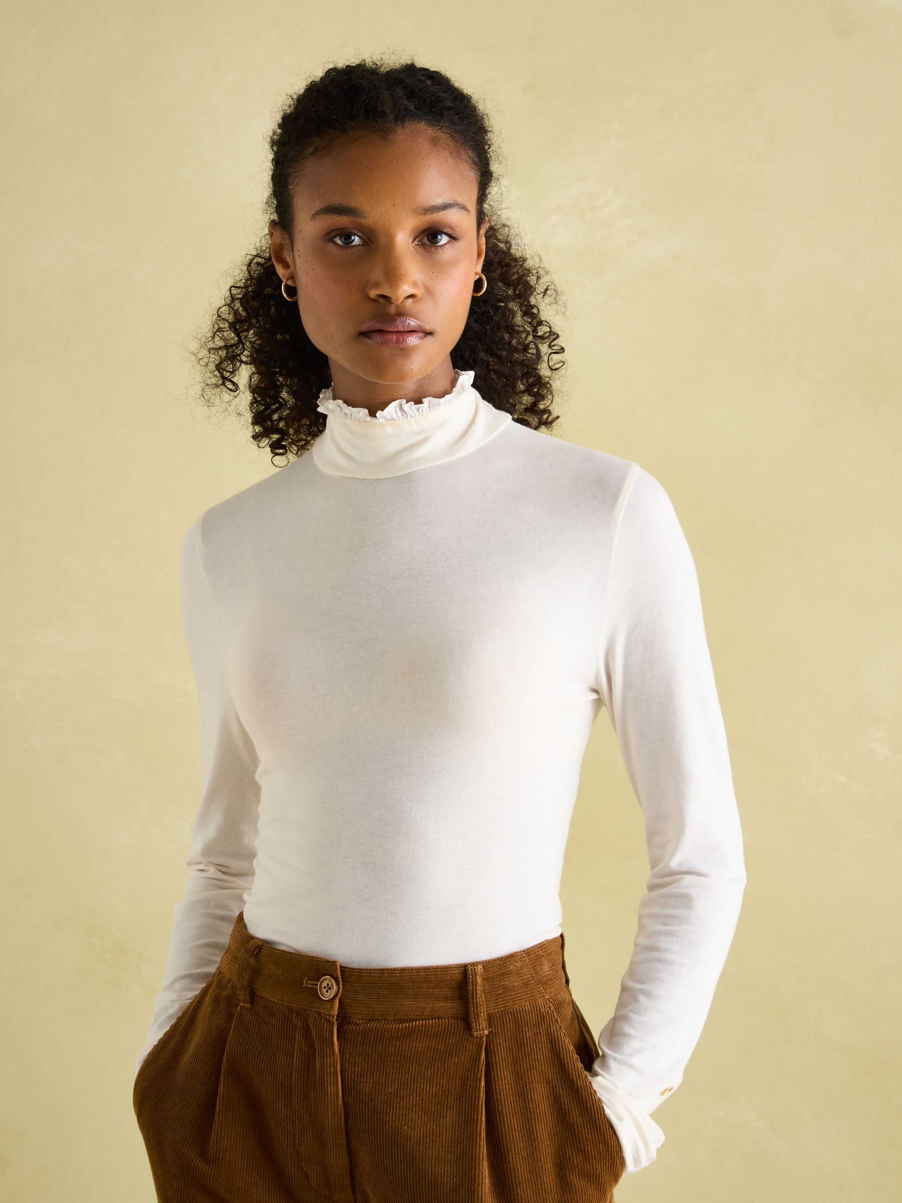 Amy Cream Long Sleeve High Neck Jersey Top | Joules