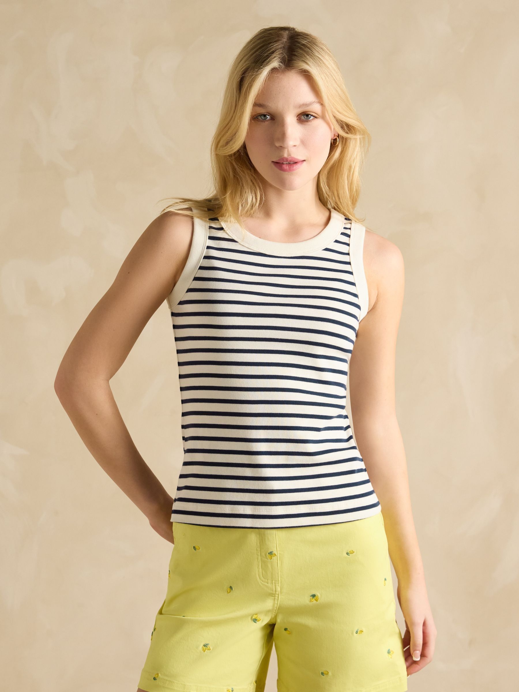 Cream & Navy Striped Premium Ribbed Jersey Vest - Image 1 of 8