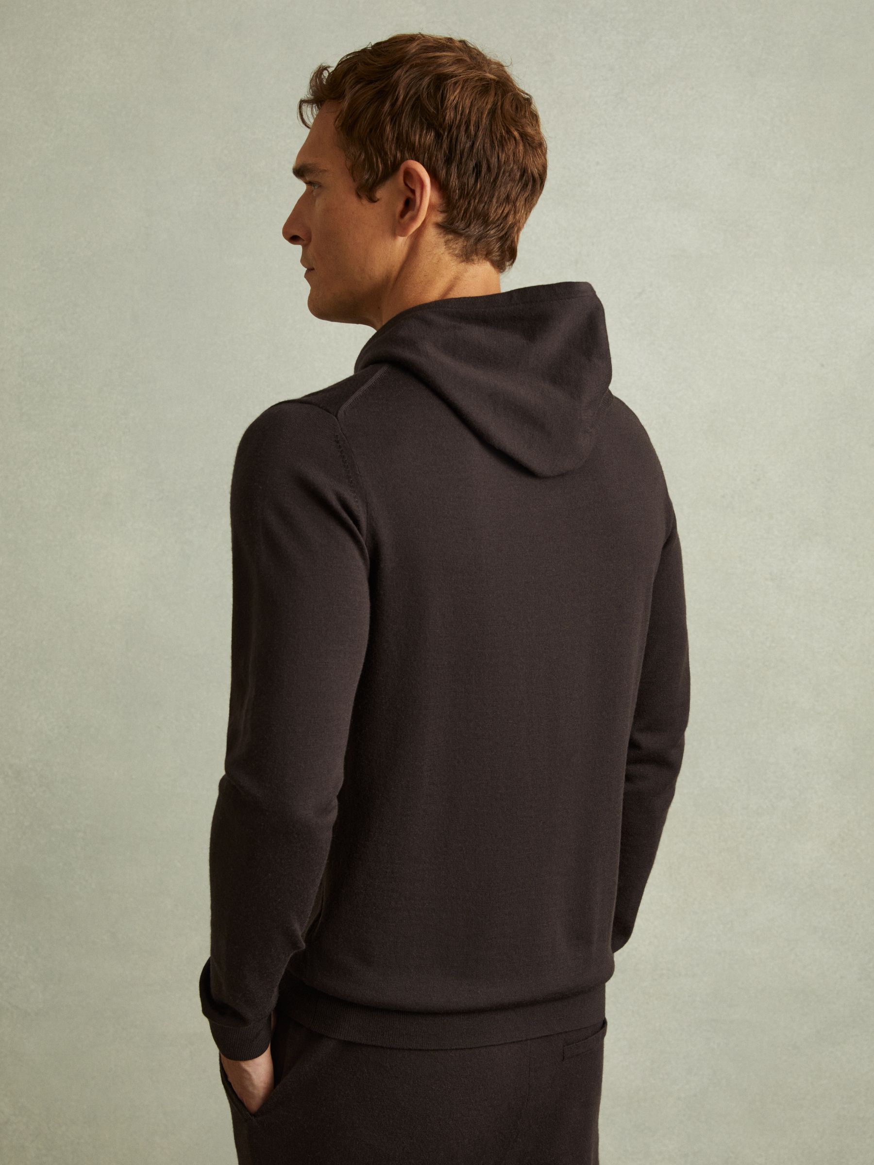 Reiss Merino Wool Drawstring Hoodie in Coco Brown | REISS