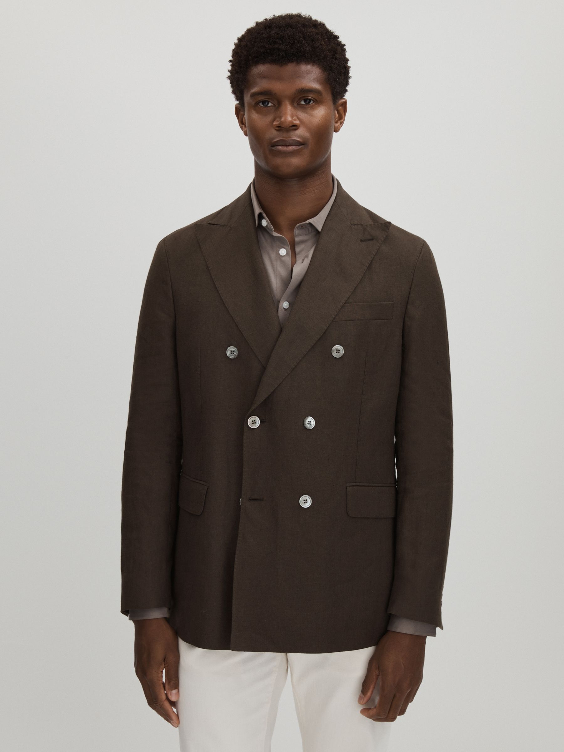Oscar Jacobson Linen Double Breasted Blazer in Brown - Image 1 of 7
