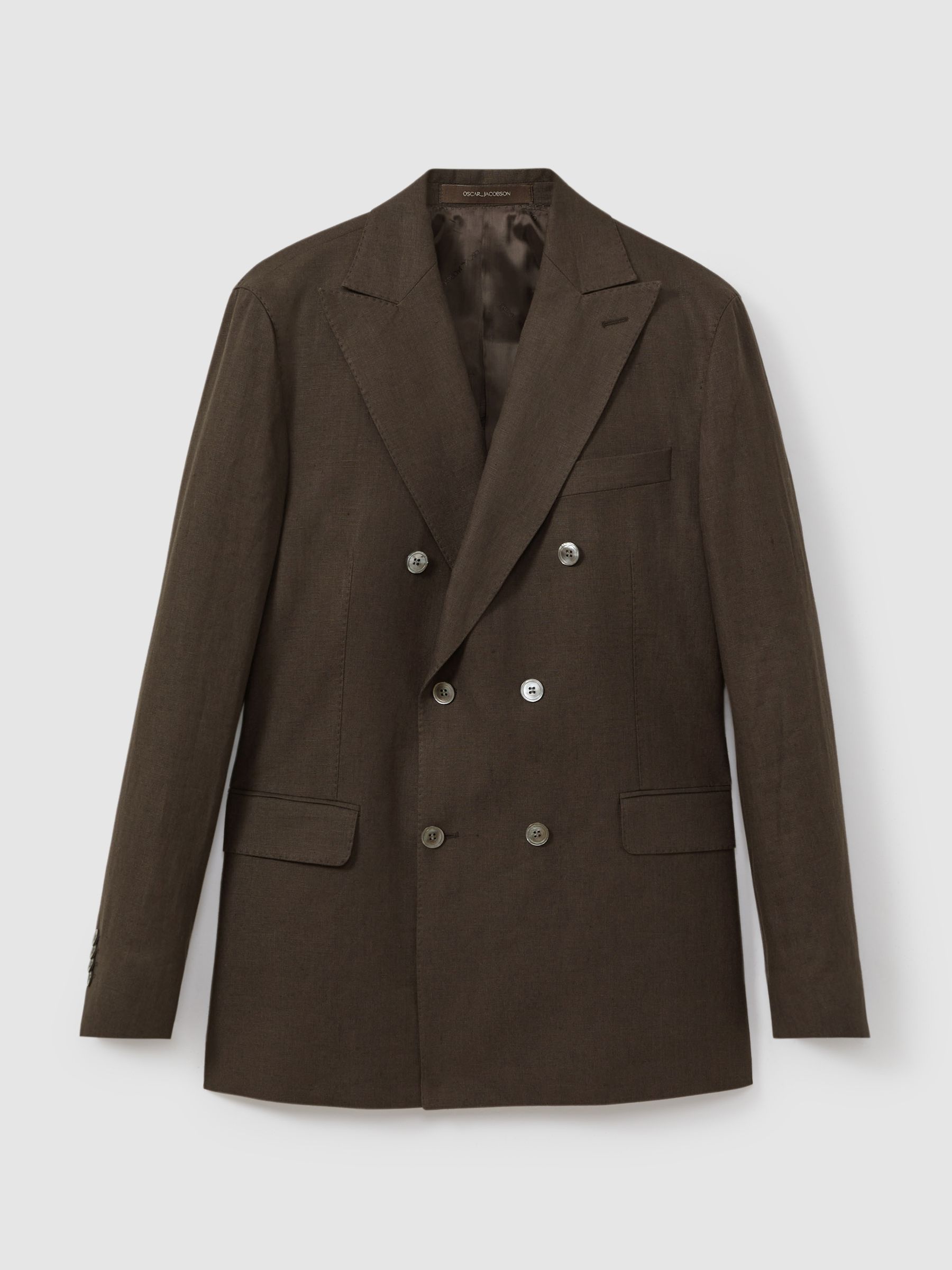 Oscar Jacobson Linen Double Breasted Blazer in Brown - Image 2 of 7