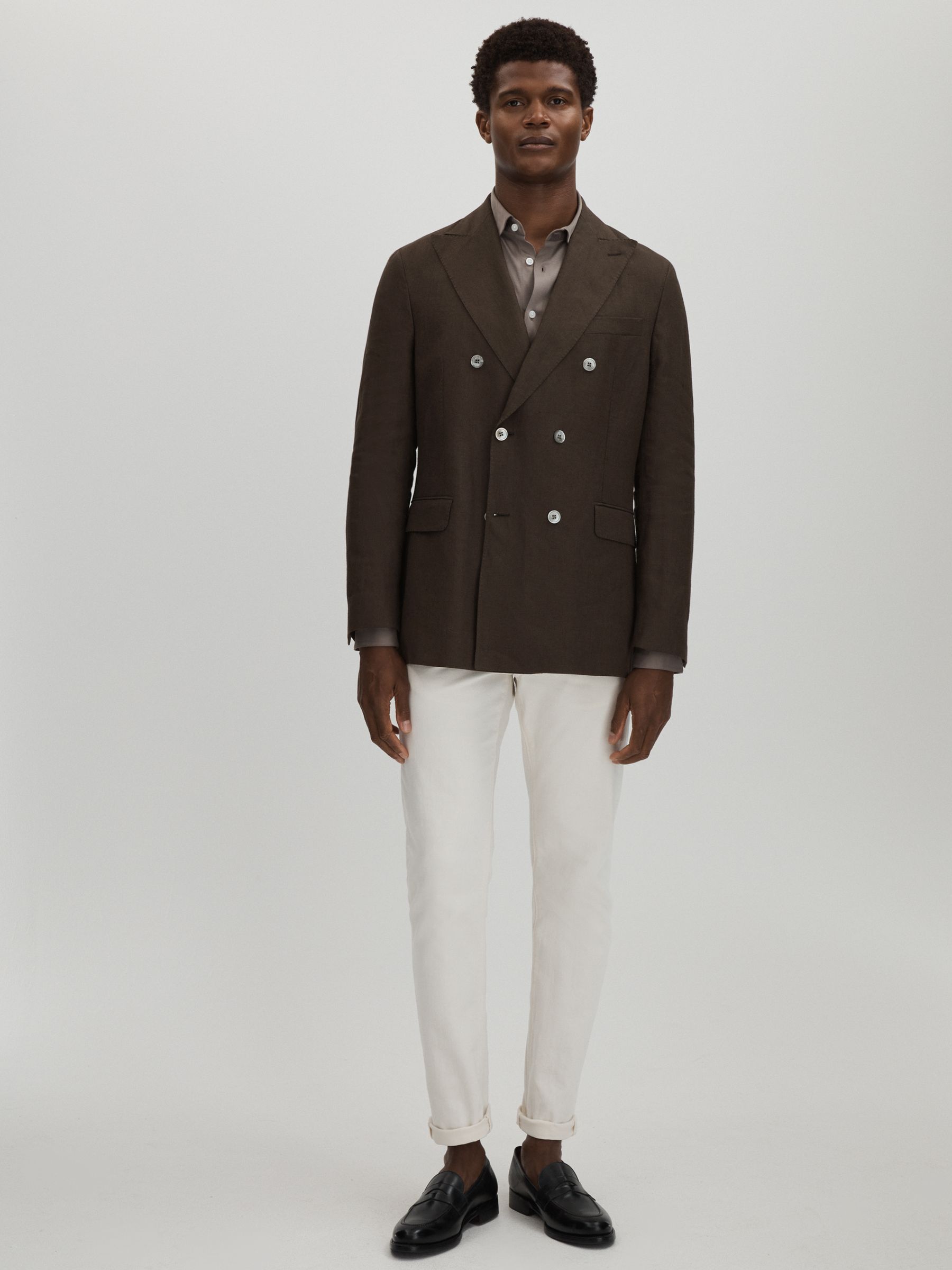 Oscar Jacobson Linen Double Breasted Blazer in Brown - Image 3 of 7