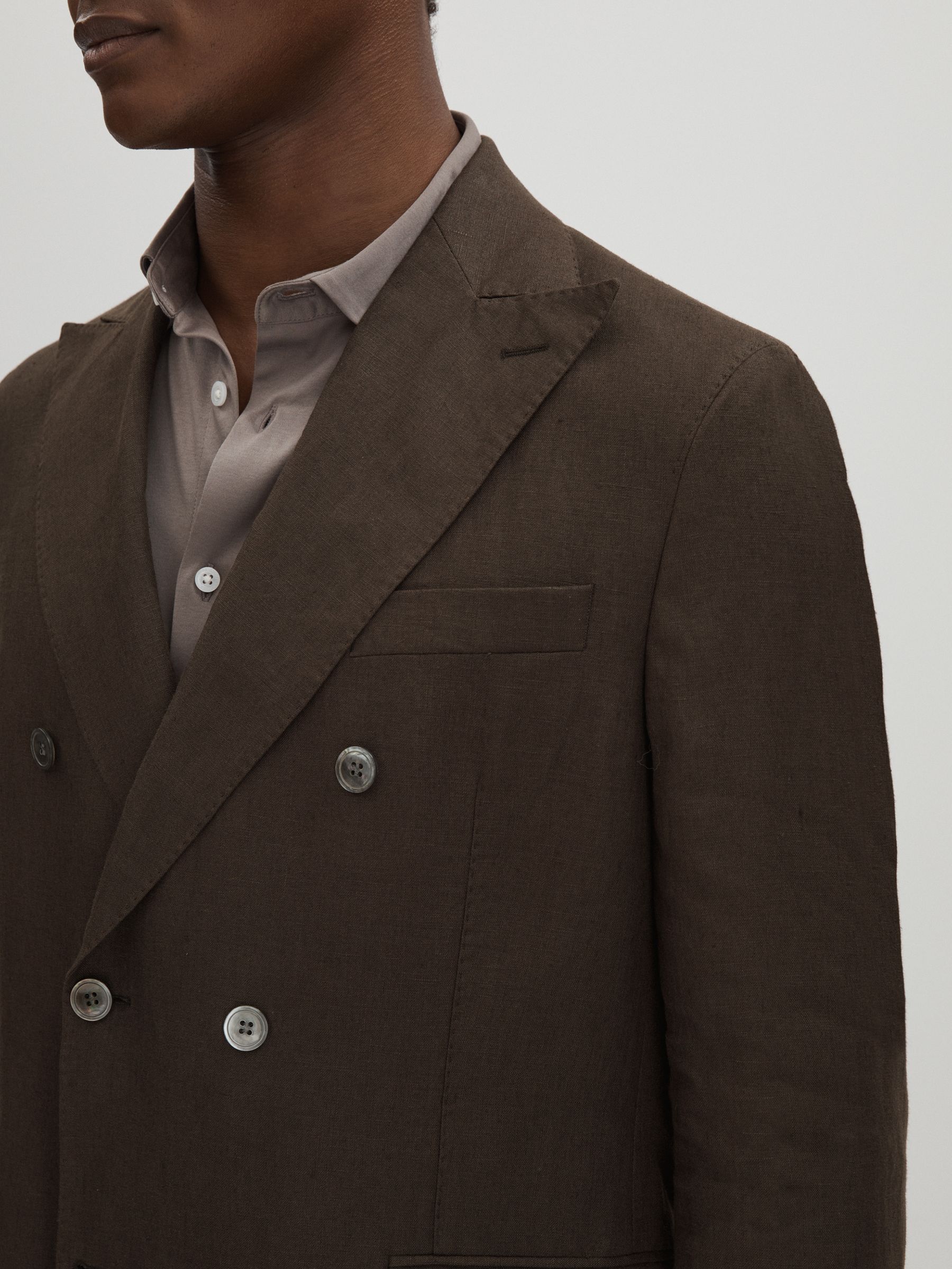 Oscar Jacobson Linen Double Breasted Blazer in Brown - Image 4 of 7