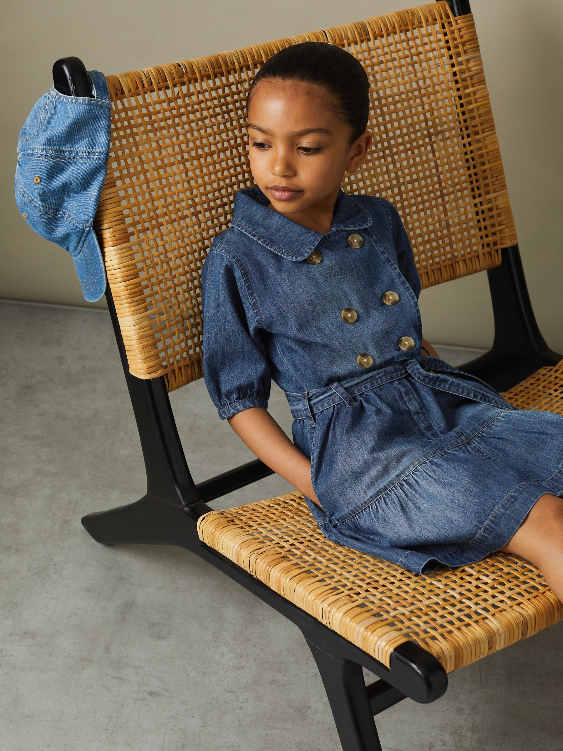 9-13 yrs Denim Puff Sleeve Belted Dress in Blue - Image 1 of 4
