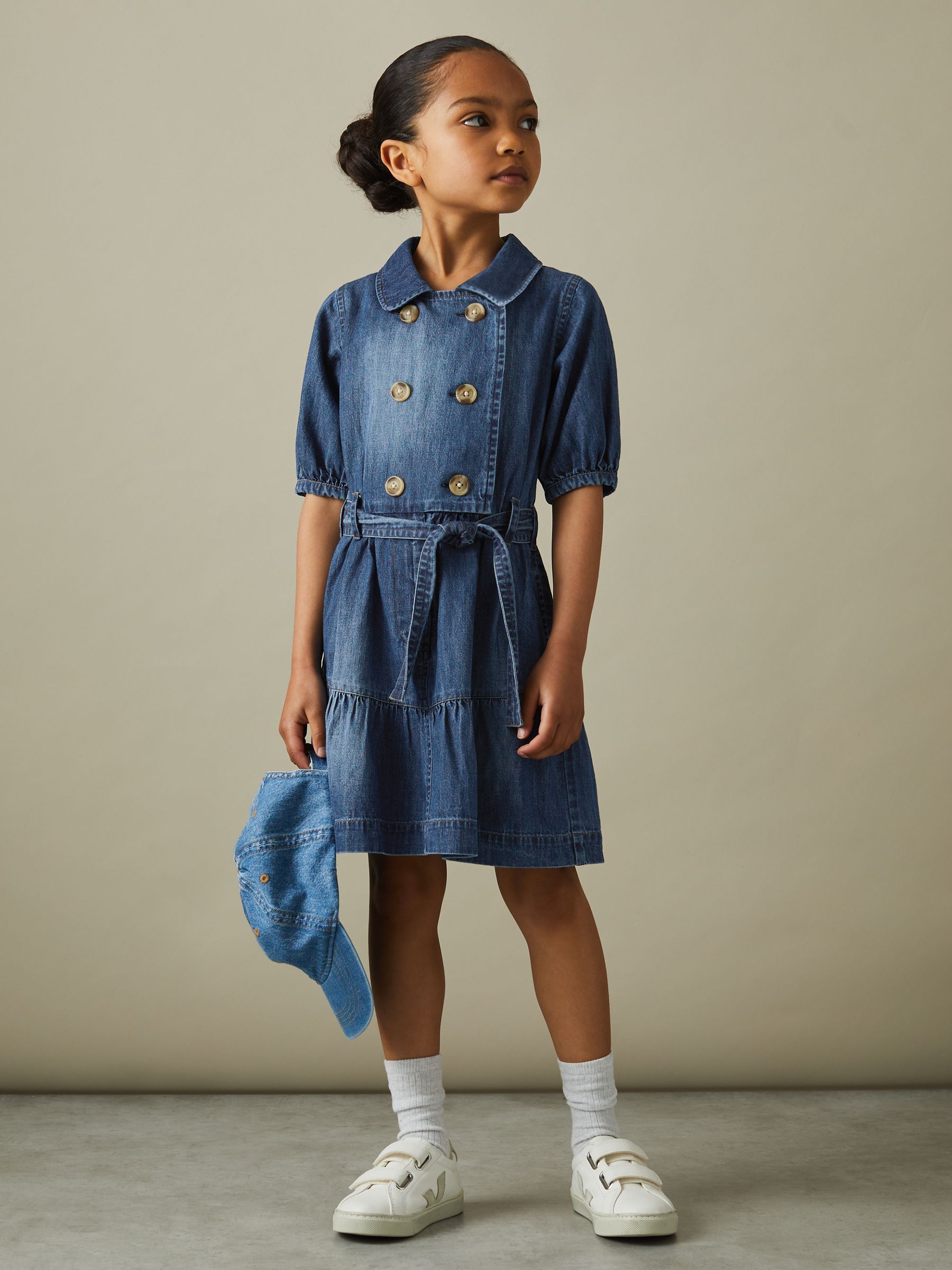 9-13 yrs Denim Puff Sleeve Belted Dress in Blue - Image 3 of 4