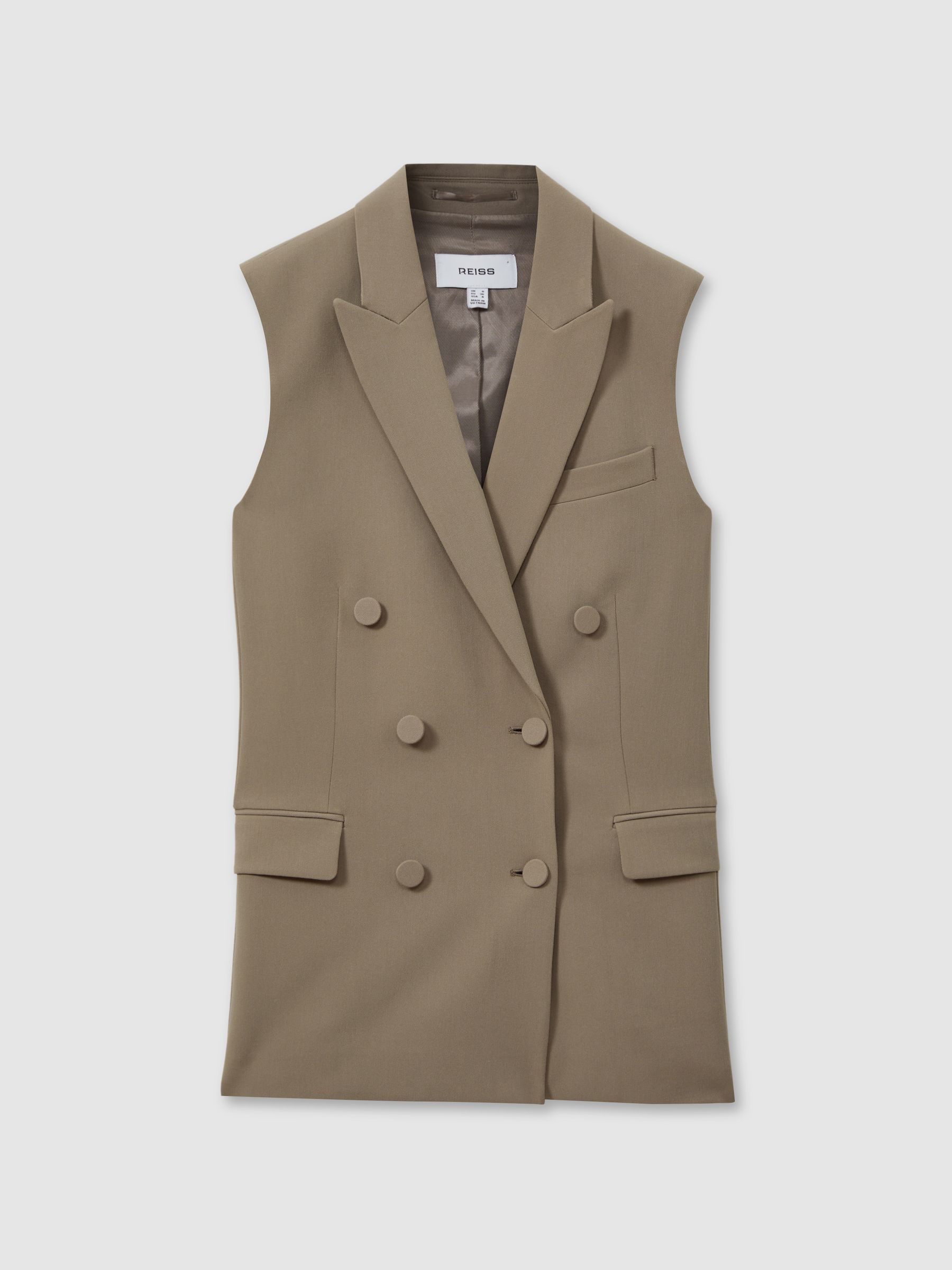 Petite Double Breasted Longline Suit Waistcoat in Khaki - Image 2 of 6