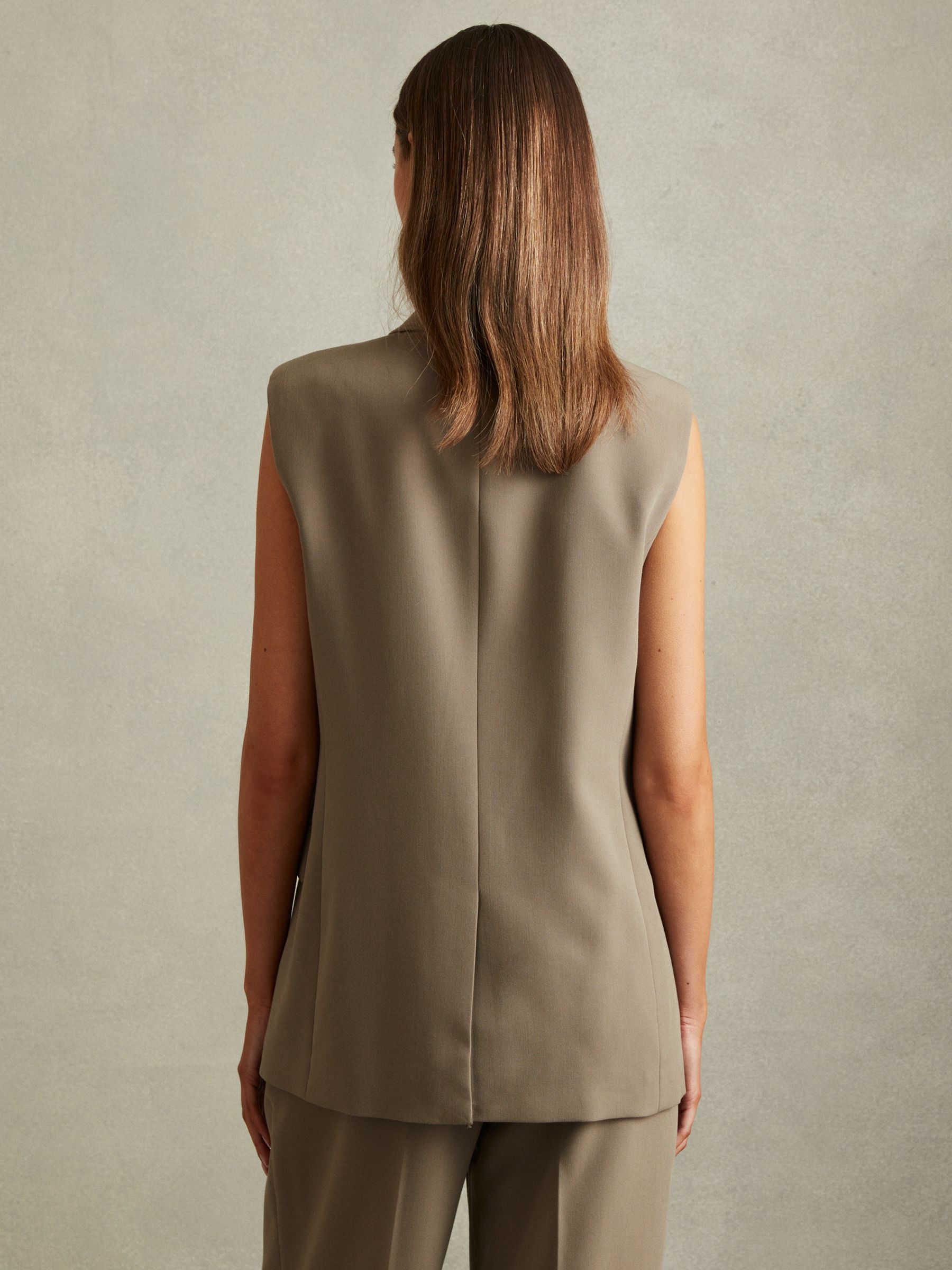 Petite Double Breasted Longline Suit Waistcoat in Khaki - Image 4 of 6