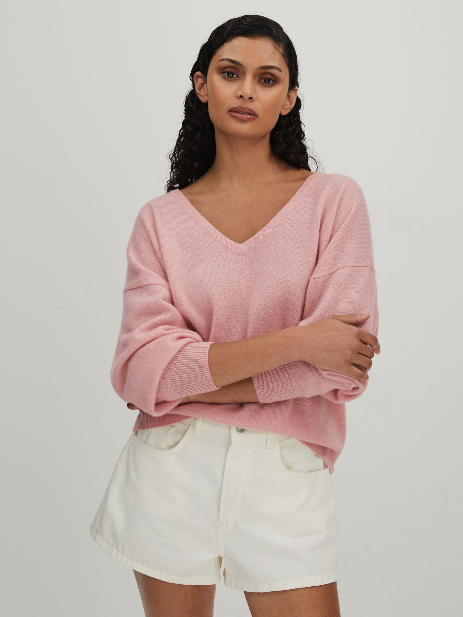 CRUSH Collection Cashmere V-Neck Jumper in Pink - Image 1 of 5