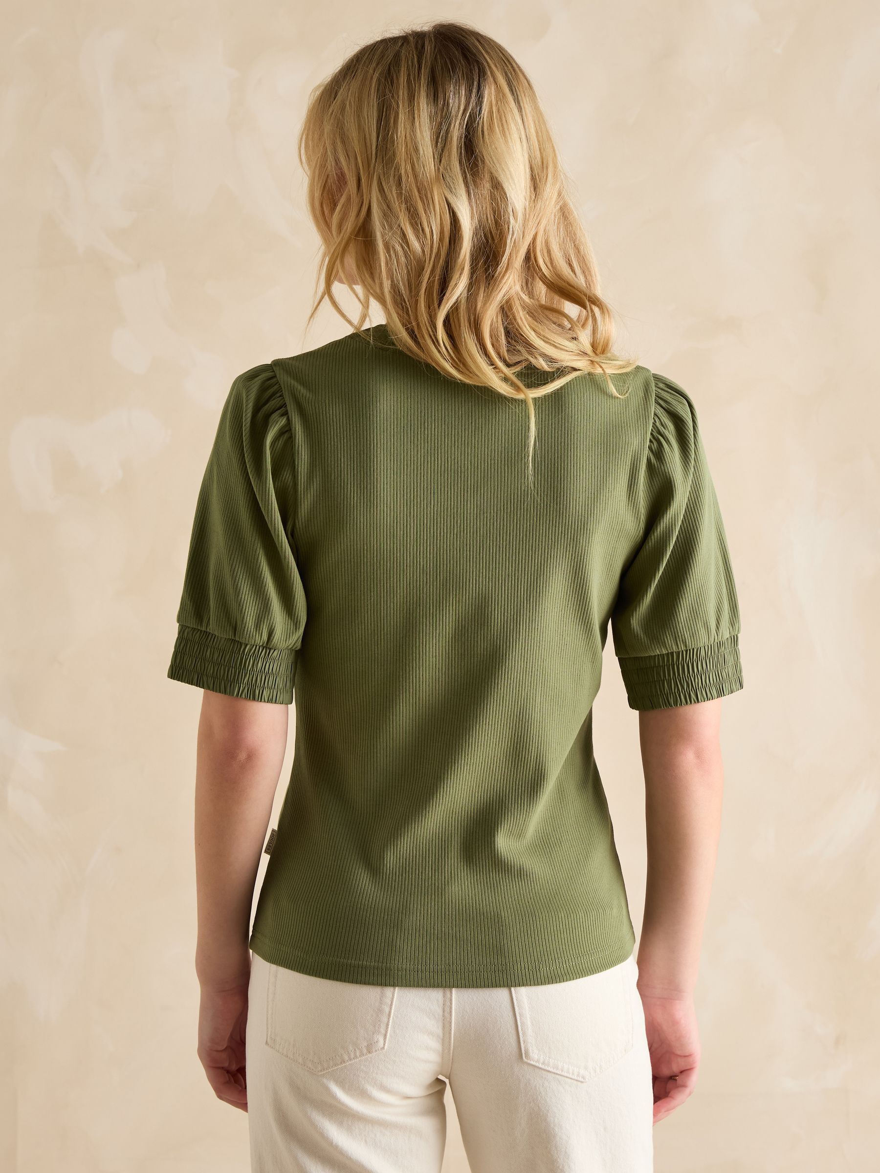 Tabitha Khaki Green Ribbed V-Neck Top With Puff Sleeves - Image 2 of 4