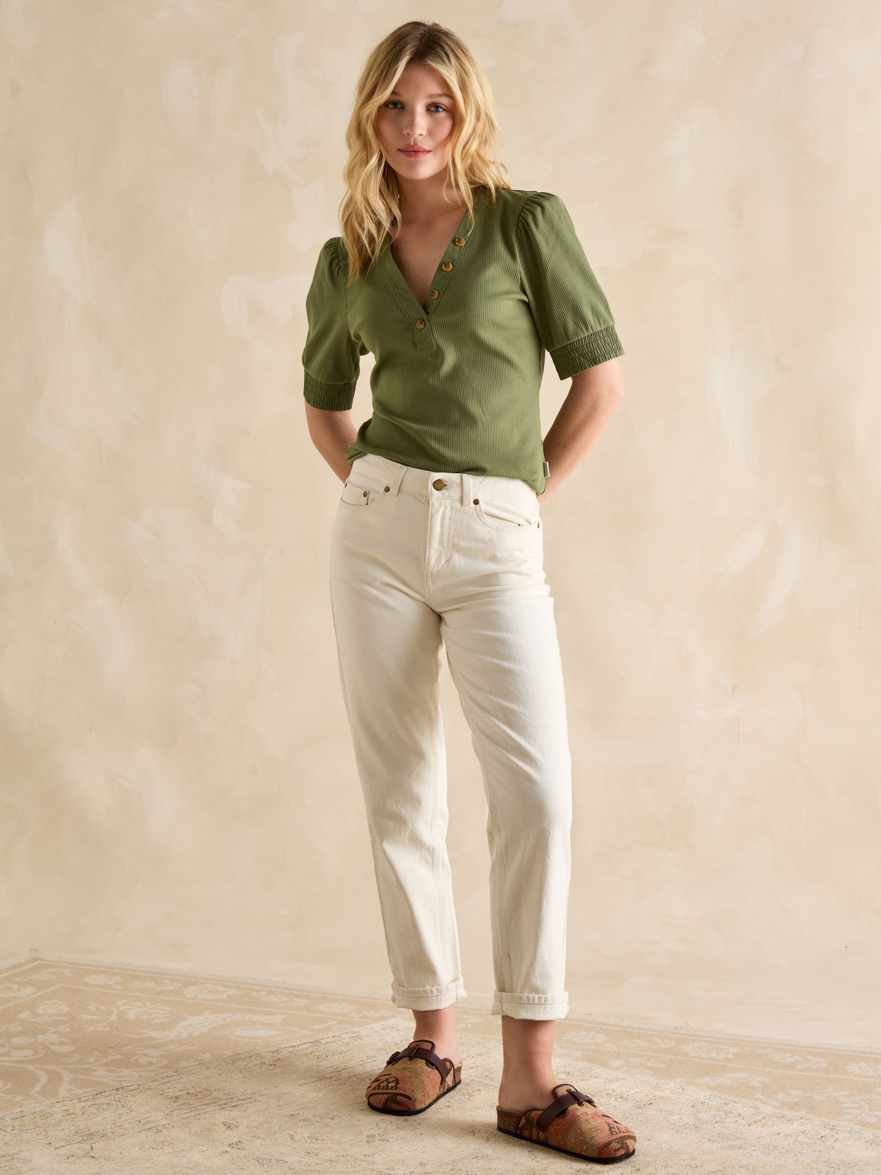 Tabitha Khaki Green Ribbed V-Neck Top With Puff Sleeves - Image 3 of 6