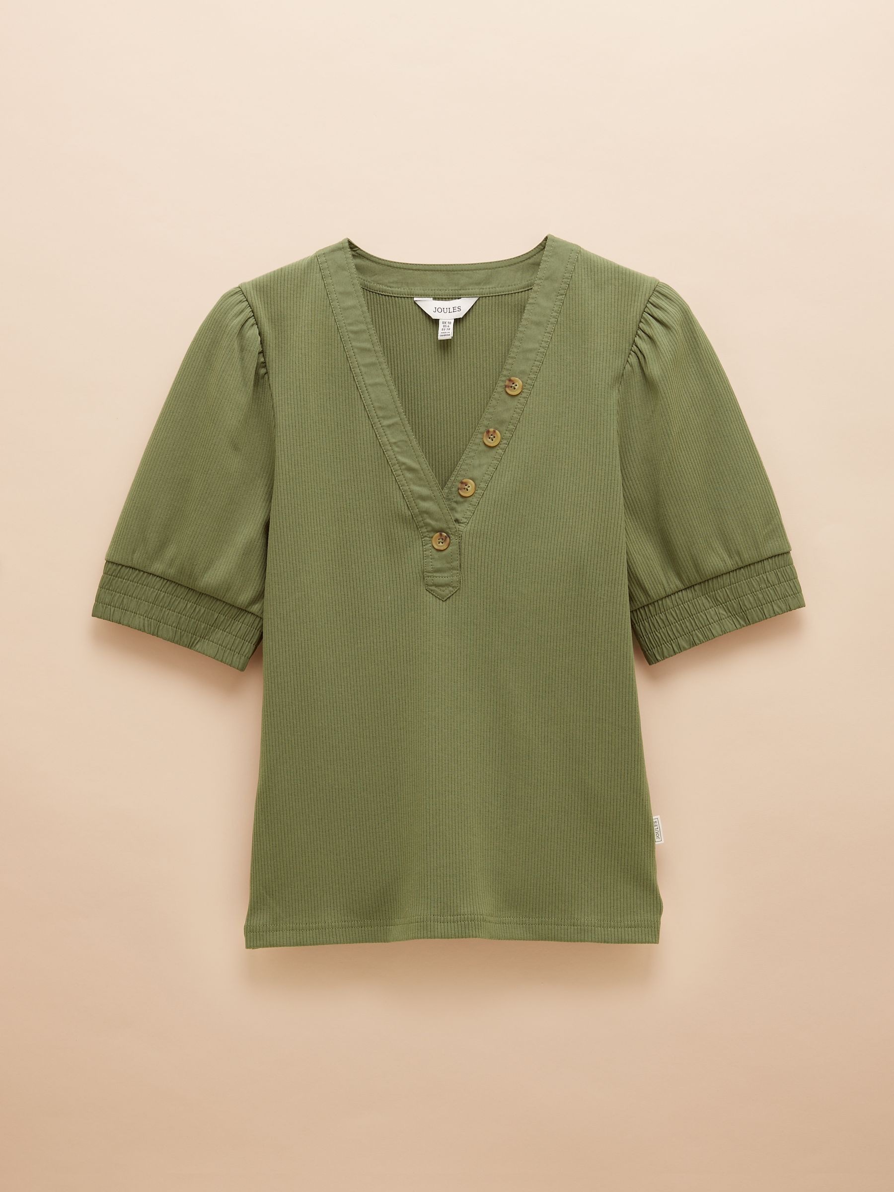 Tabitha Khaki Green Ribbed V-Neck Top With Puff Sleeves - Image 4 of 4