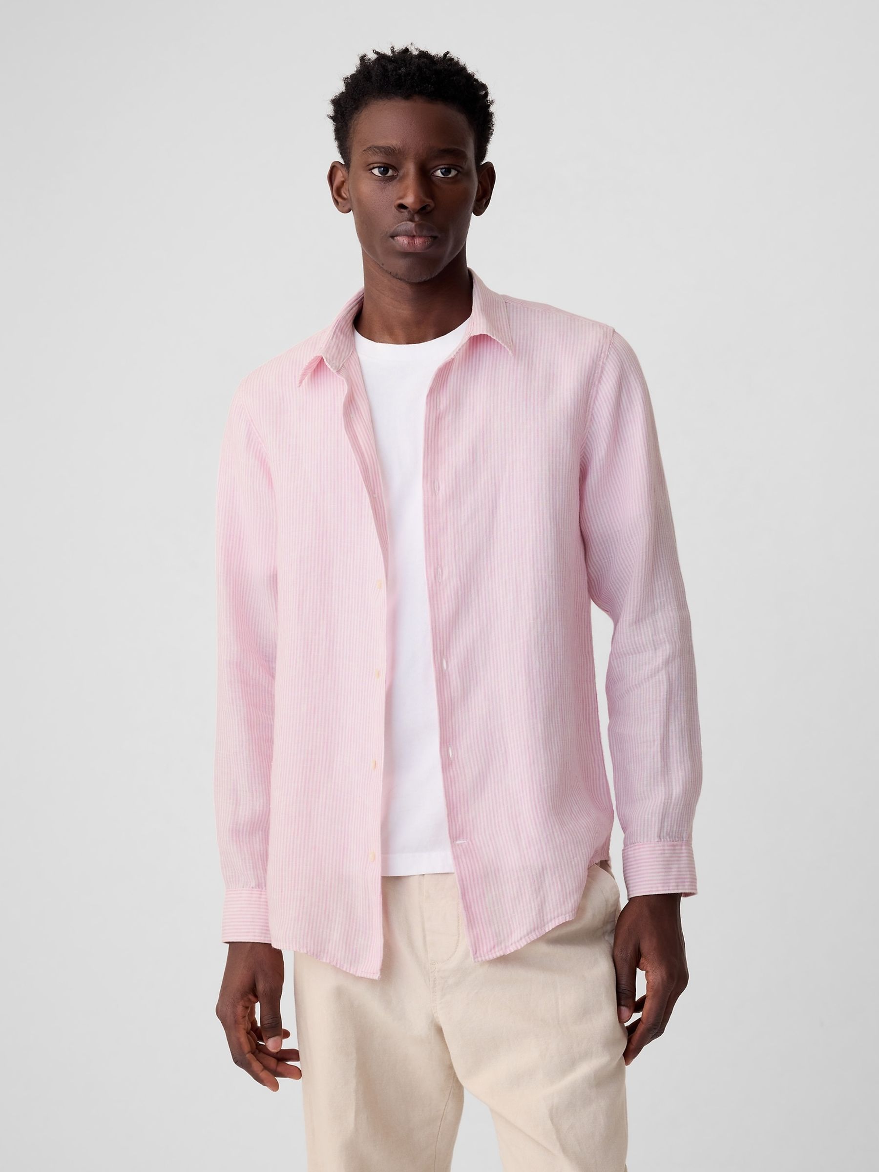 Pink Stripe Soft Linen Long Sleeve Shirt - Image 1 of 5