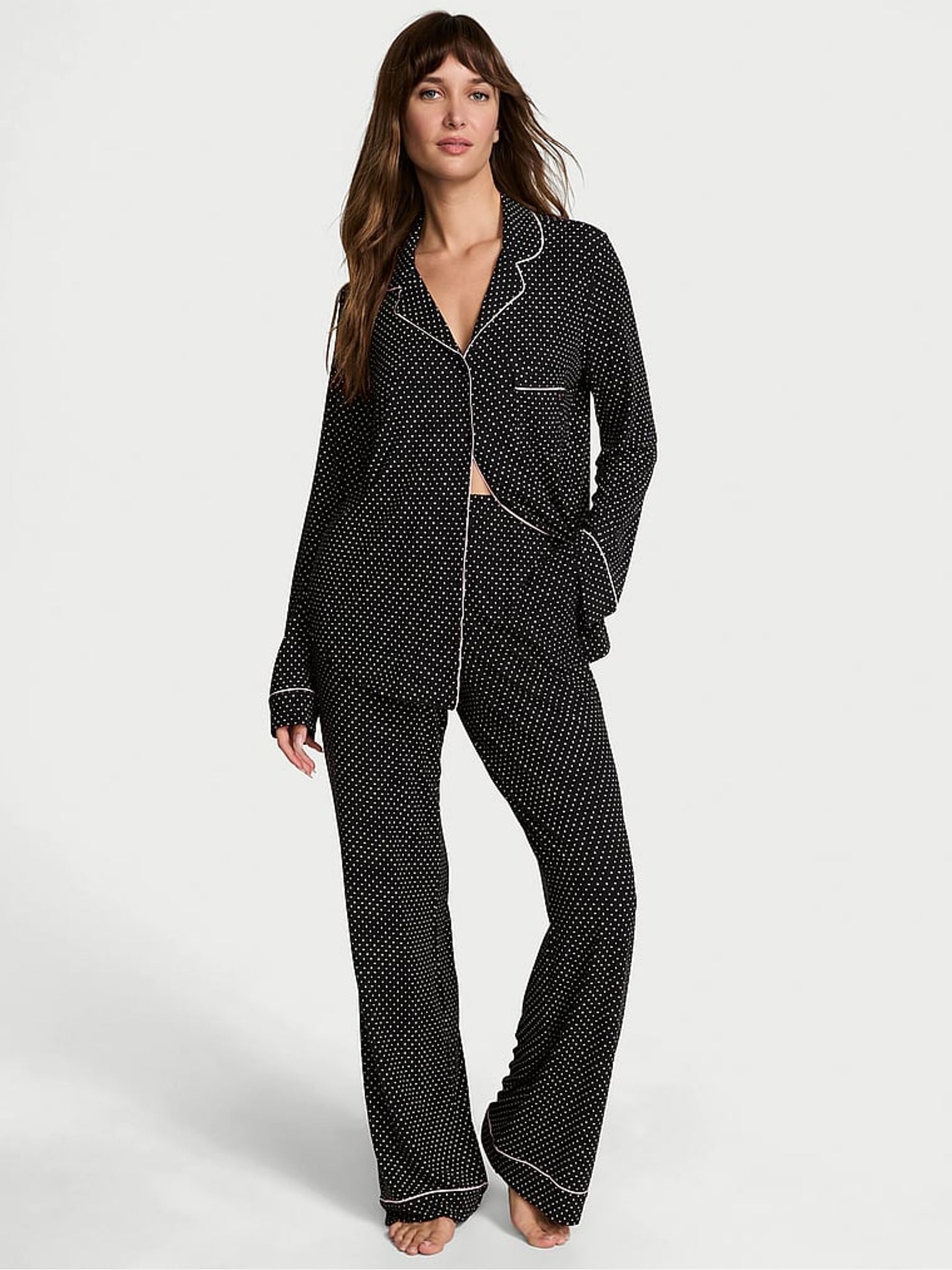 Black Pin Dot Modal Long Pyjama Set - Image 1 of 4