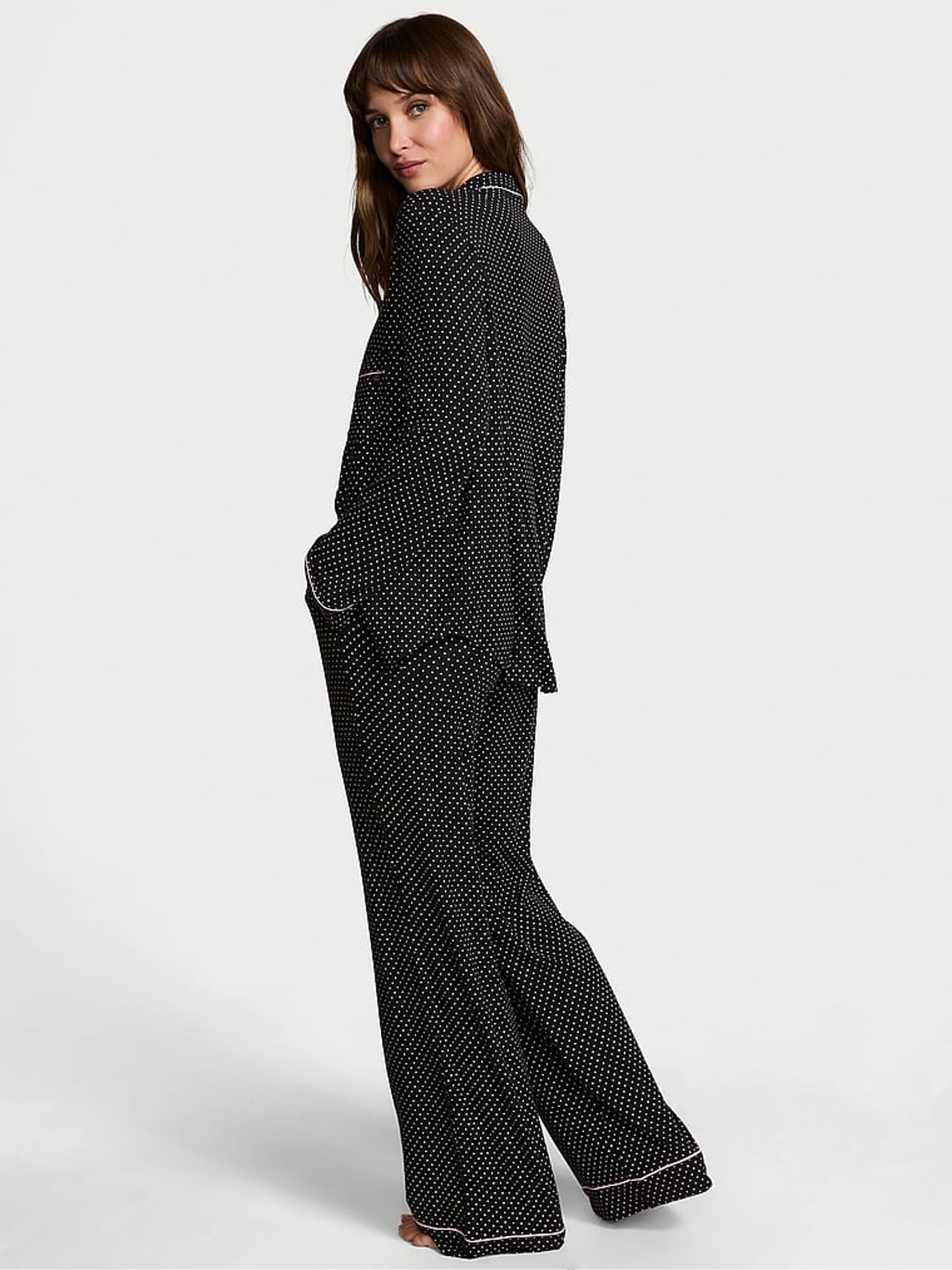 Black Pin Dot Modal Long Pyjama Set - Image 2 of 4