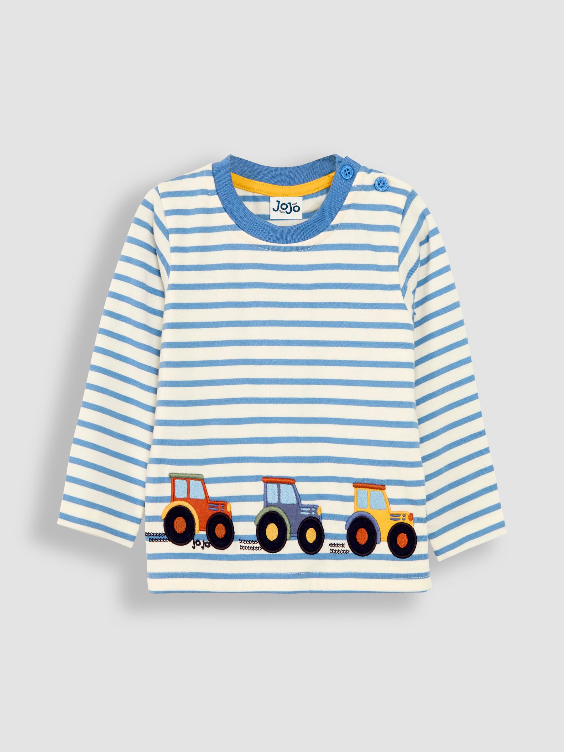 Ecru Denim Blue Stripe Tractor Appliqué Border Top - Image 1 of 3