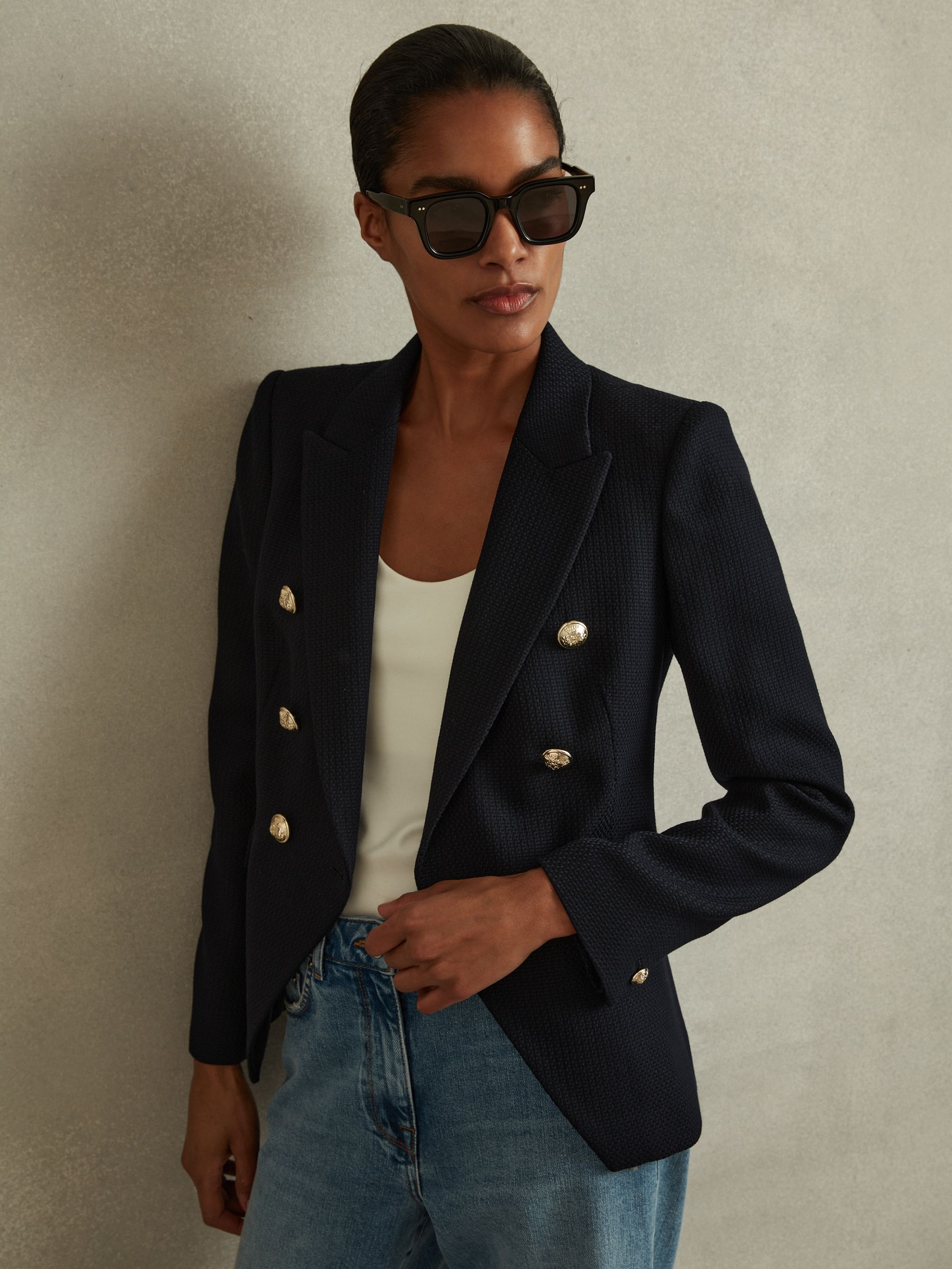Tailored Fit Textured Double Breasted Blazer in Navy - Image 3 of 6