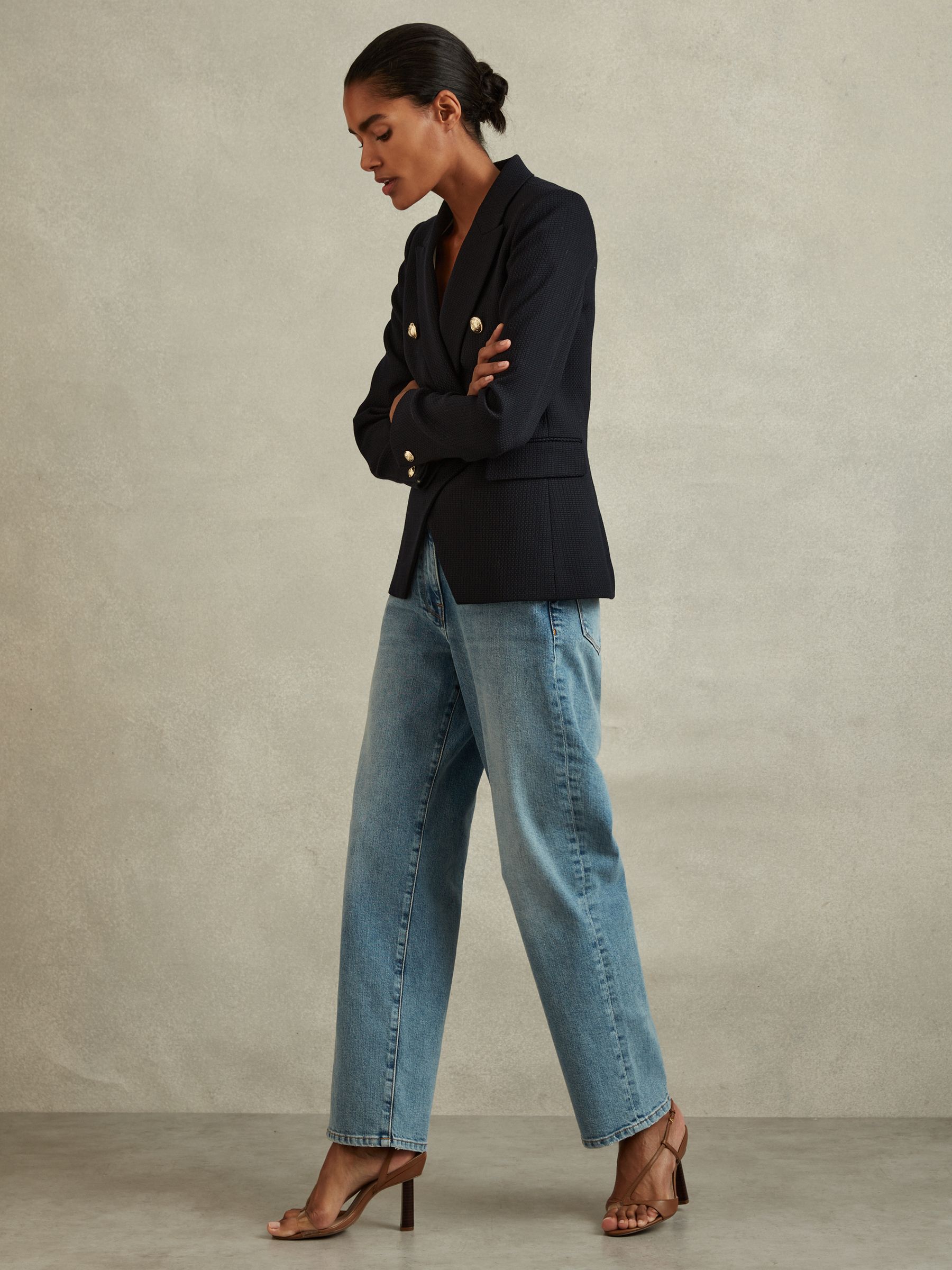 Tailored Fit Textured Double Breasted Blazer in Navy - Image 4 of 6