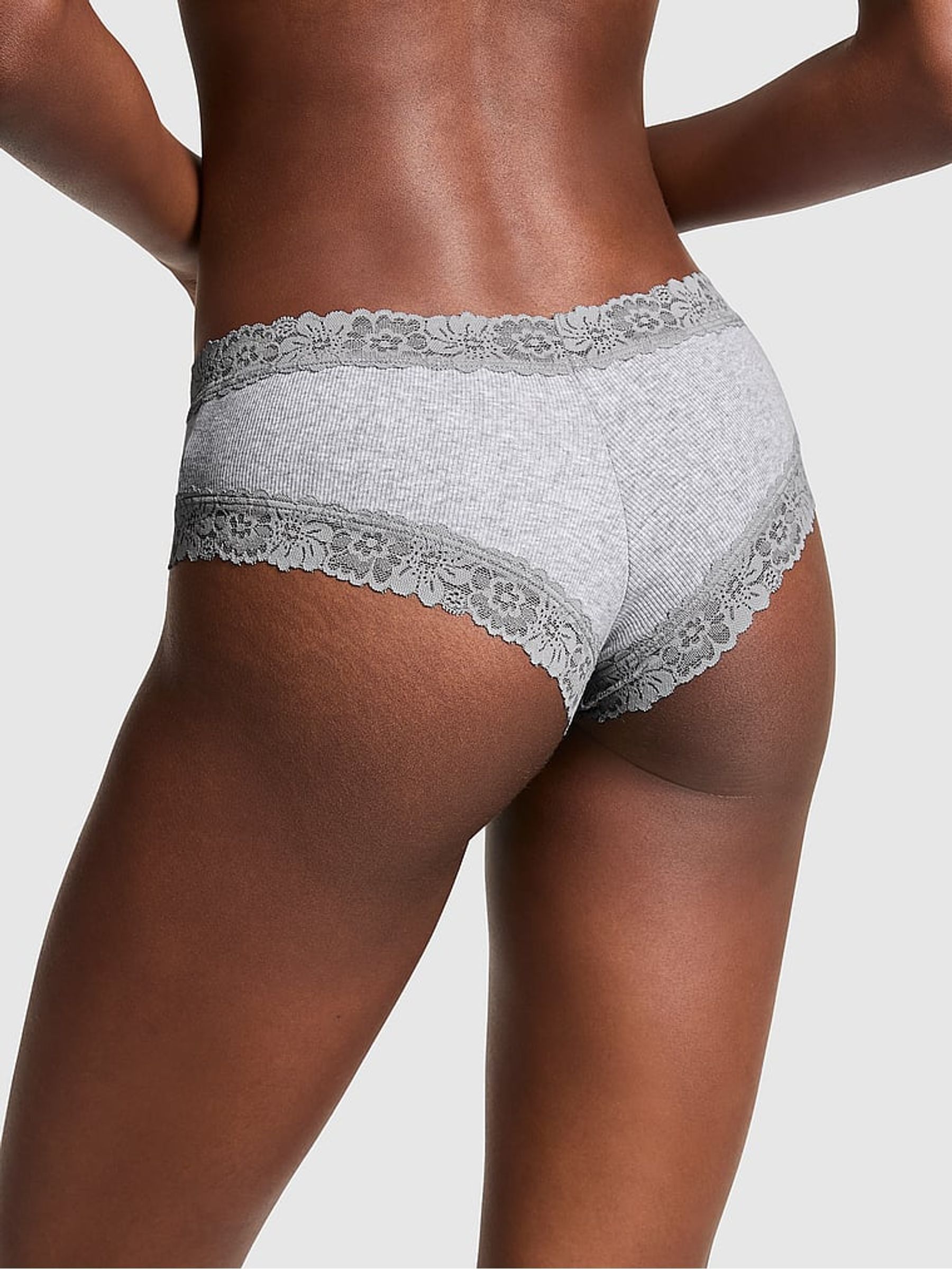 Medium Heather Grey Lace Trim Rib Cheeky Knickers - Image 2 of 3