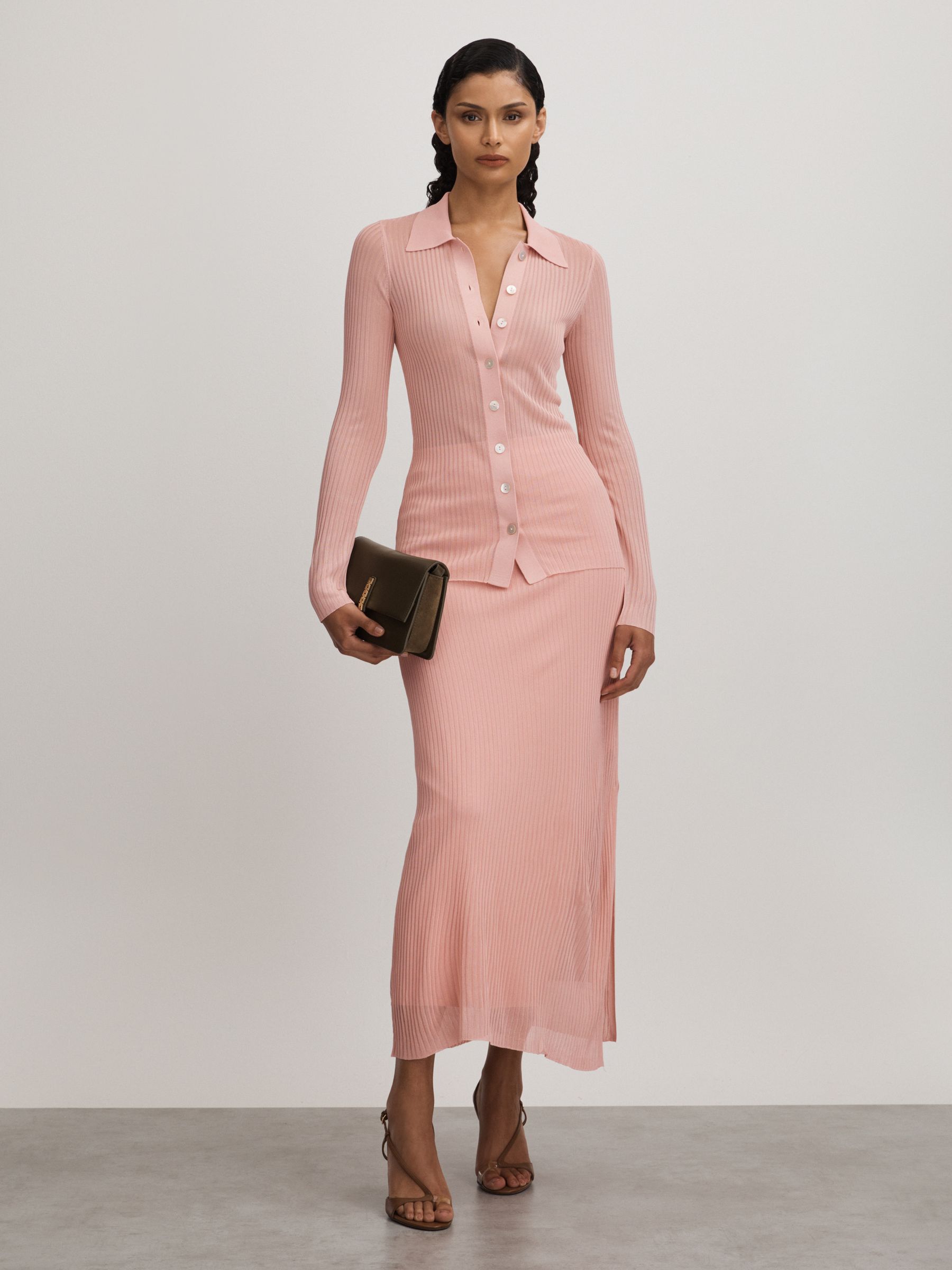 Carrie Pink Anna Quan Sheer Ribbed Knitted Midi Skirt - Image 3 of 6
