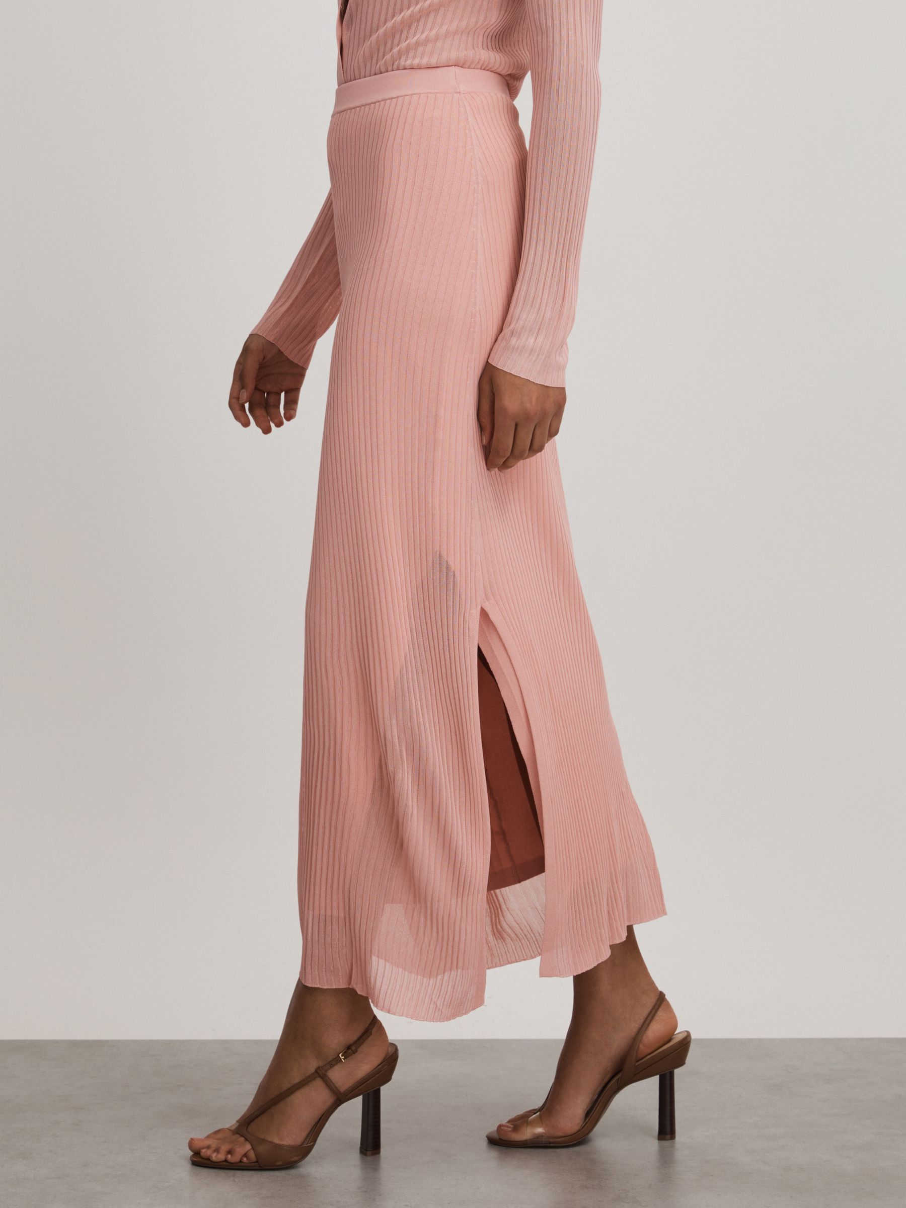 Carrie Pink Anna Quan Sheer Ribbed Knitted Midi Skirt - Image 4 of 6