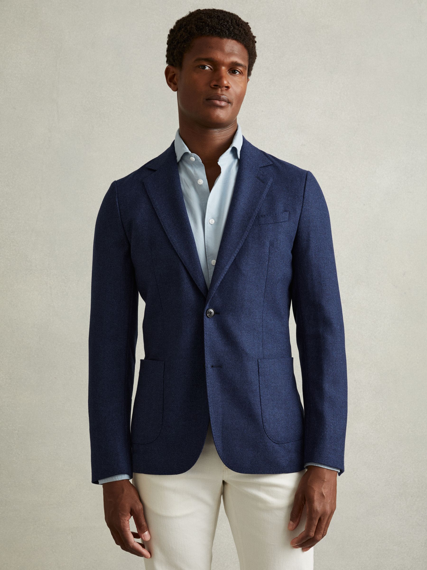 Single Breasted Wool-Silk Blazer Slim Fit in Bright Indigo Melange - Image 3 of 7