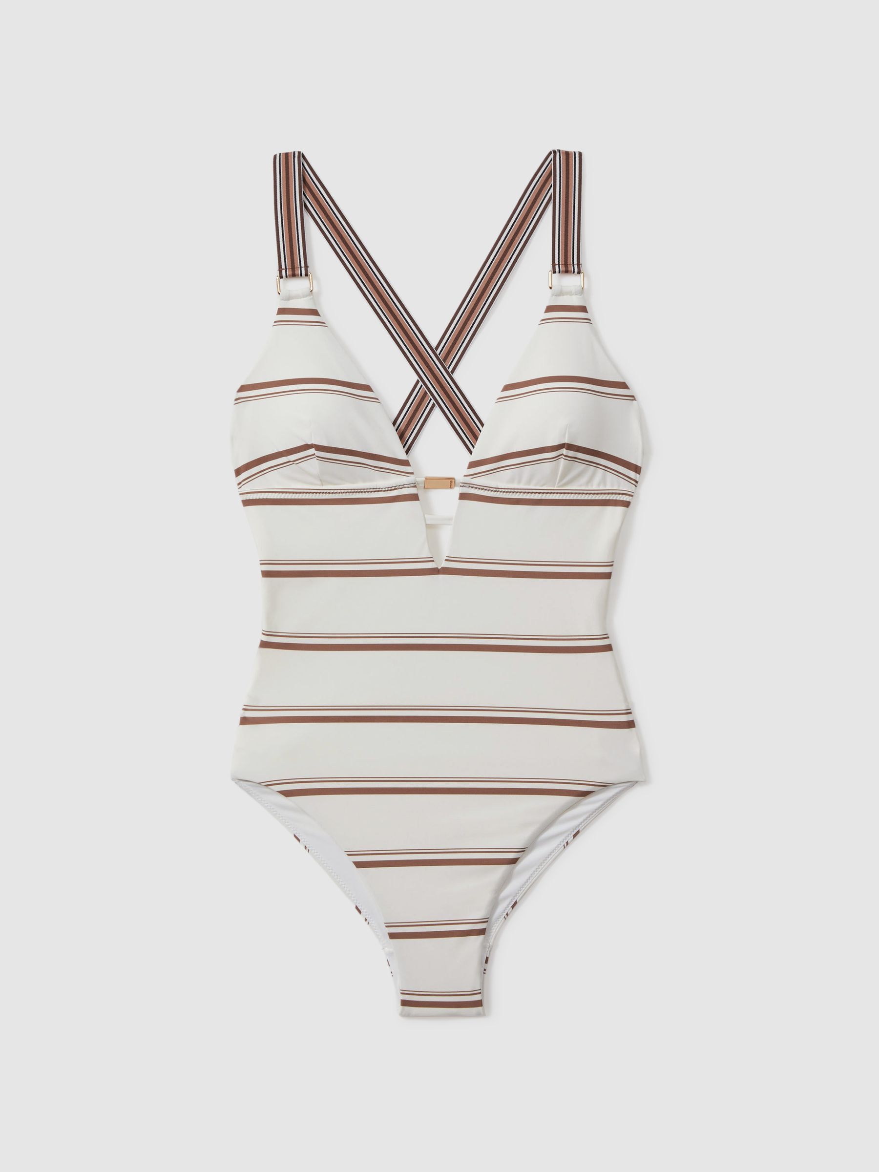 Striped Cross-Back Swimsuit in Cream/Brown - Image 2 of 4
