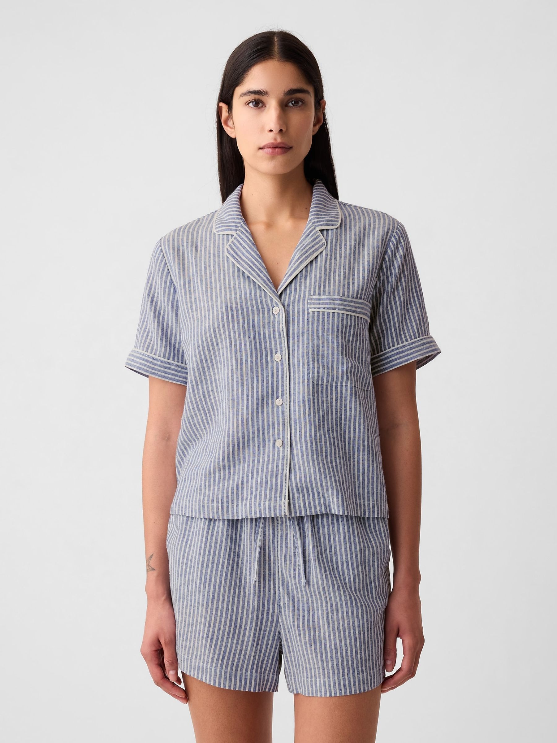 Blue & White Stripe Linen-Blend Pyjama Shirt - Image 1 of 4