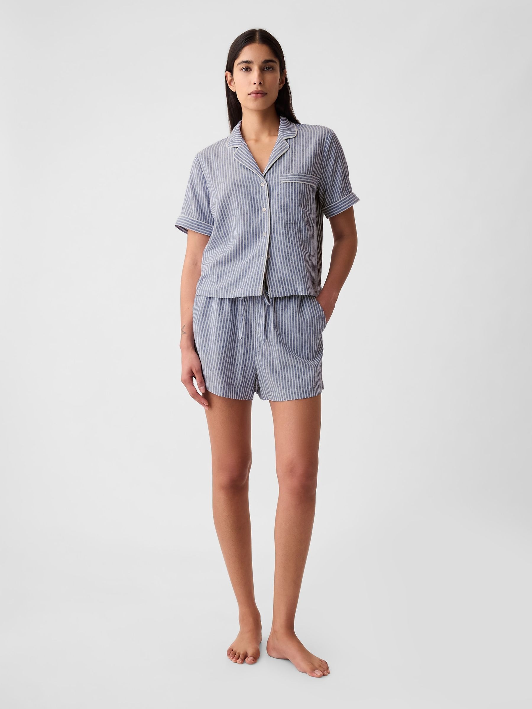 Blue & White Stripe Linen-Blend Pyjama Shirt - Image 3 of 4