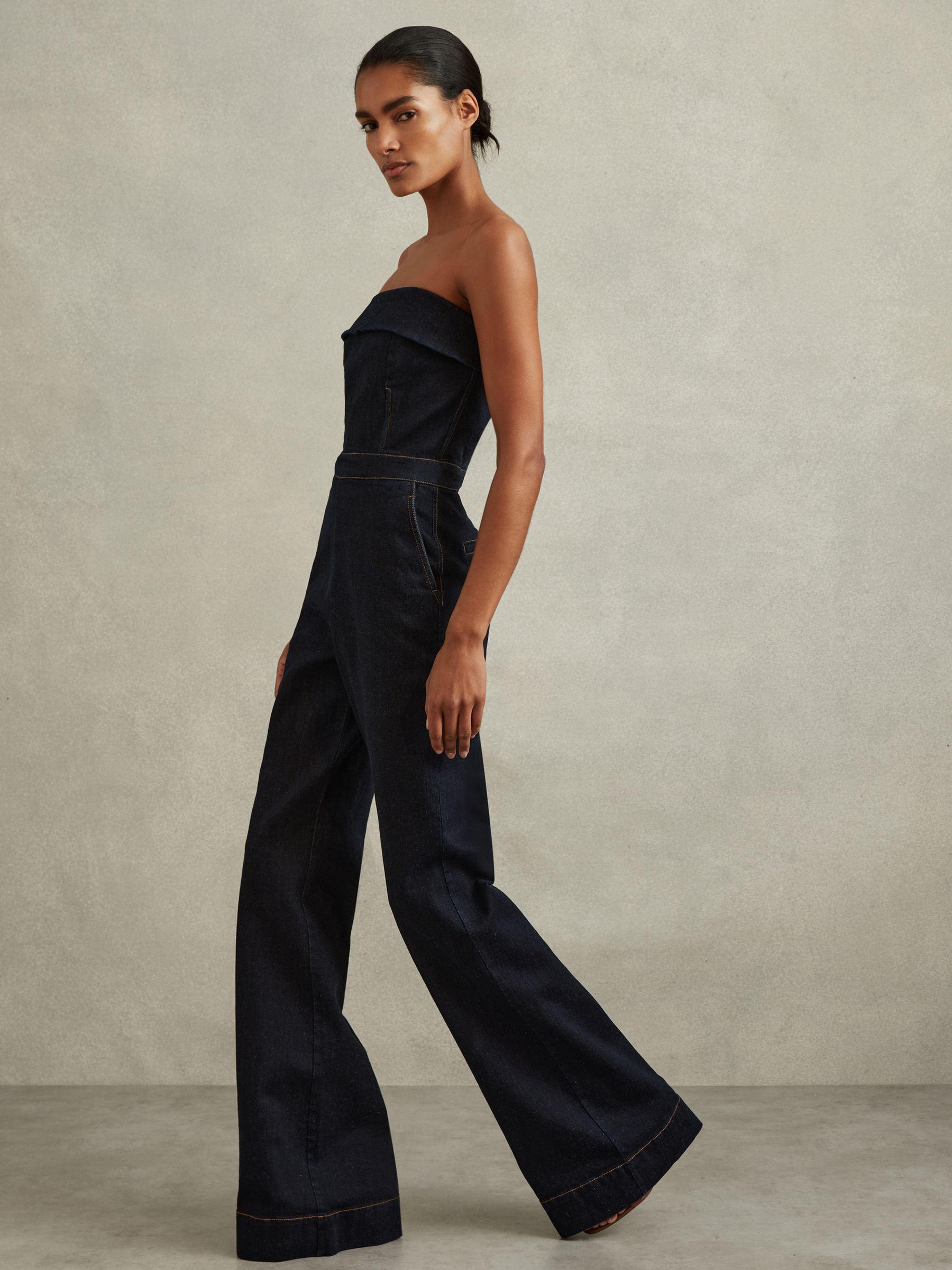 Denim Strapless Wide Leg Jumpsuit in Indigo - Image 1 of 6