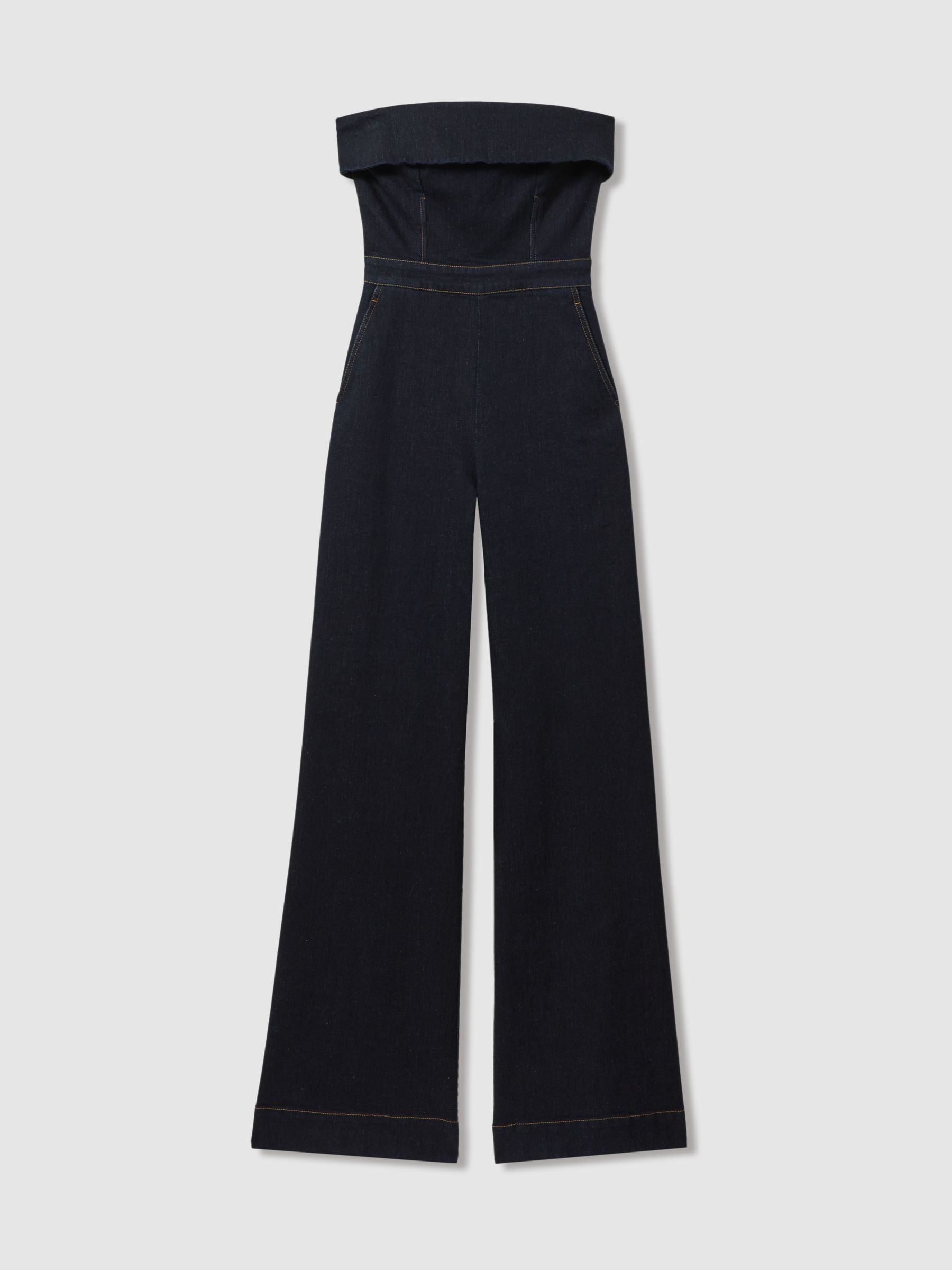 Denim Strapless Wide Leg Jumpsuit in Indigo - Image 2 of 6