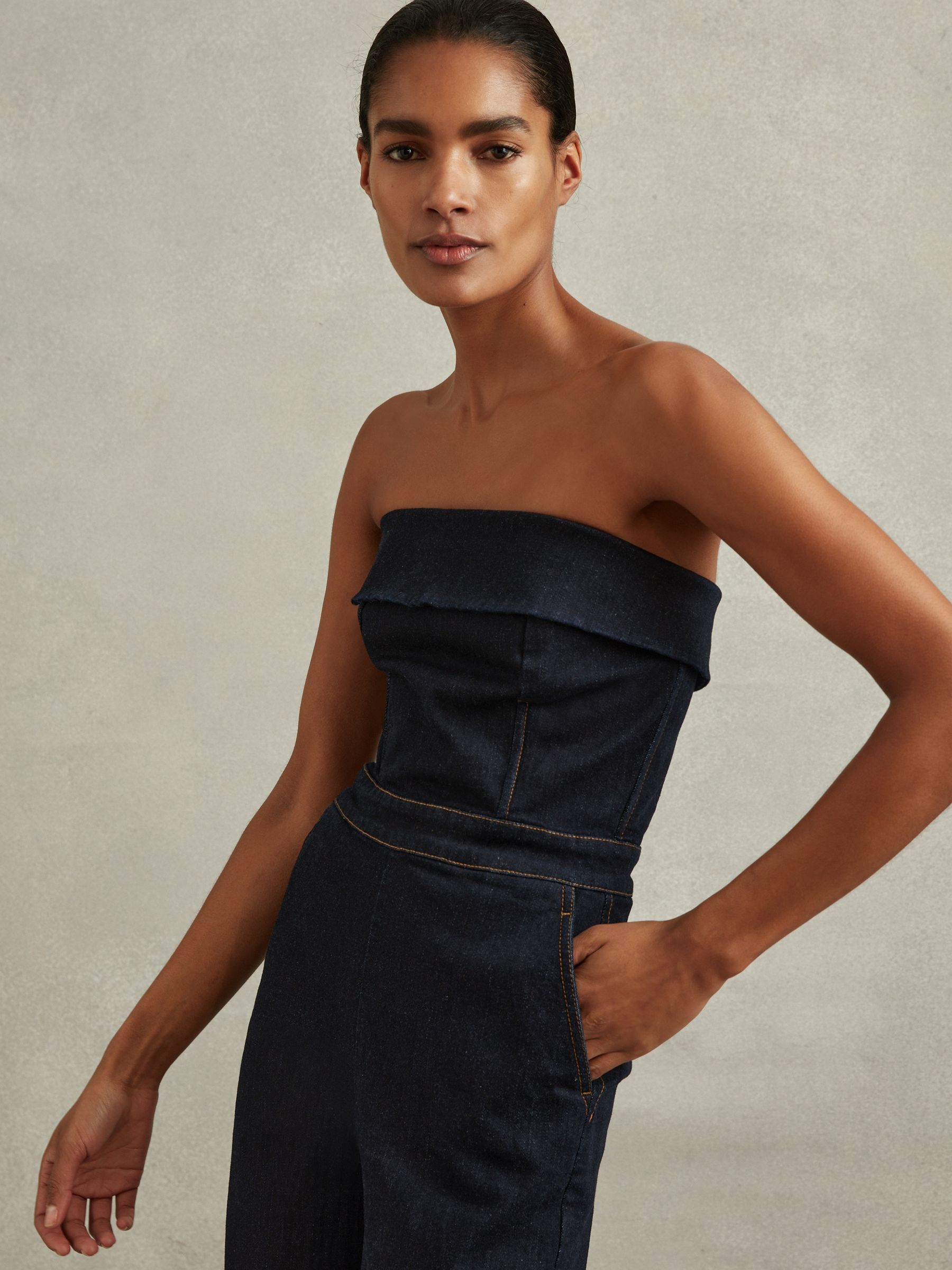 Denim Strapless Wide Leg Jumpsuit in Indigo - Image 3 of 6
