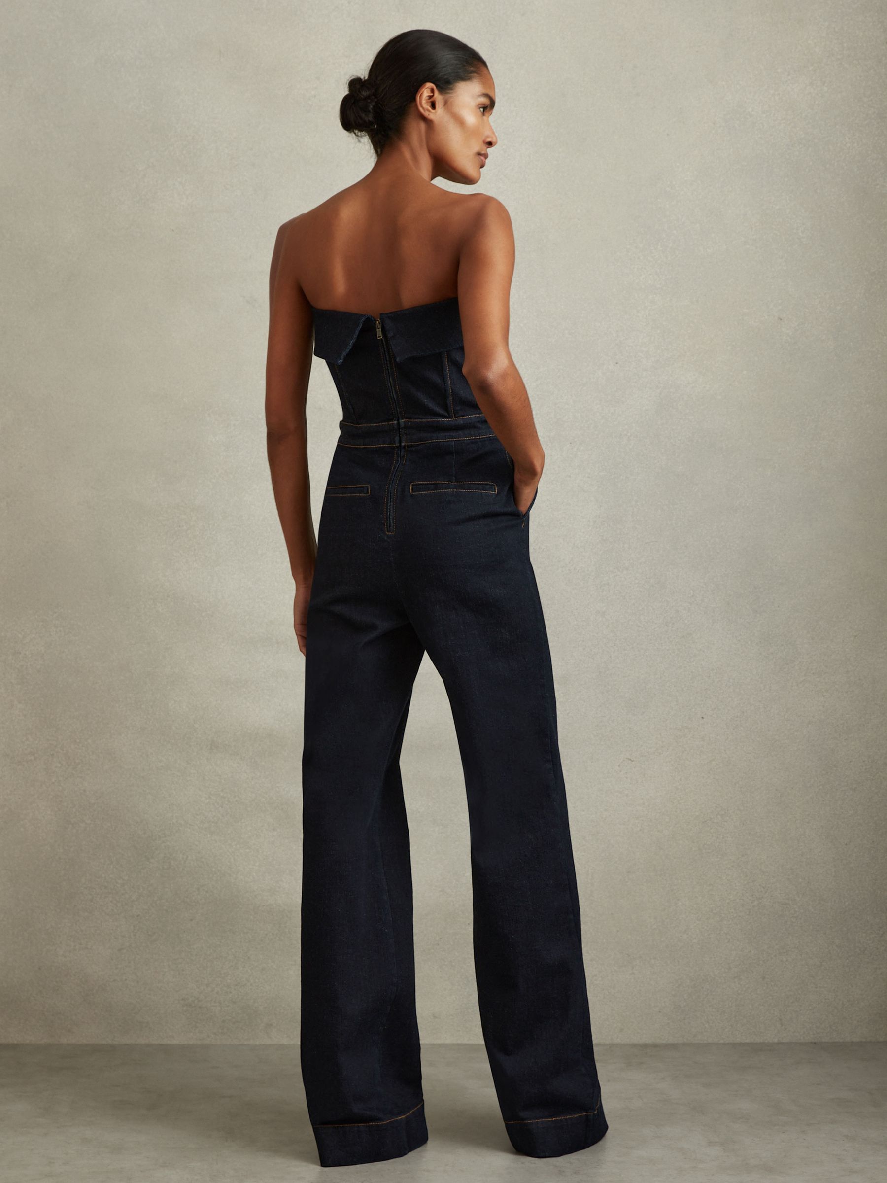 Denim Strapless Wide Leg Jumpsuit in Indigo - Image 5 of 6