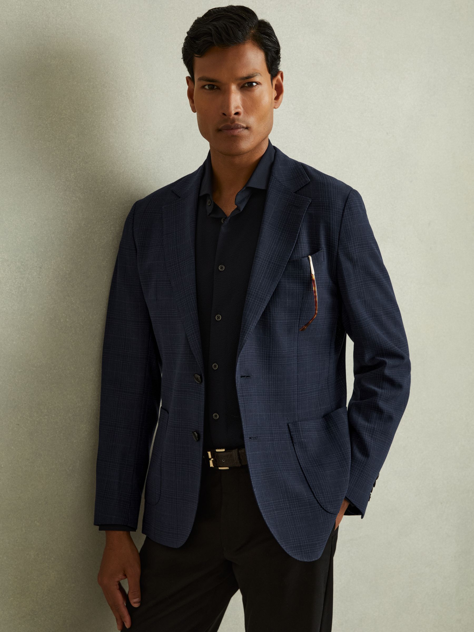 Charles Navy Checked Single Breasted Blazer - Image 5 of 7