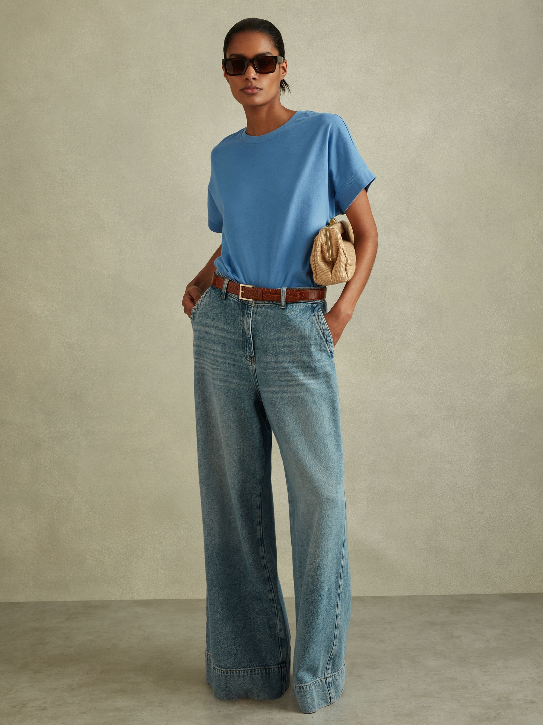 Cotton Crew Neck T-Shirt in Blue - Image 1 of 5